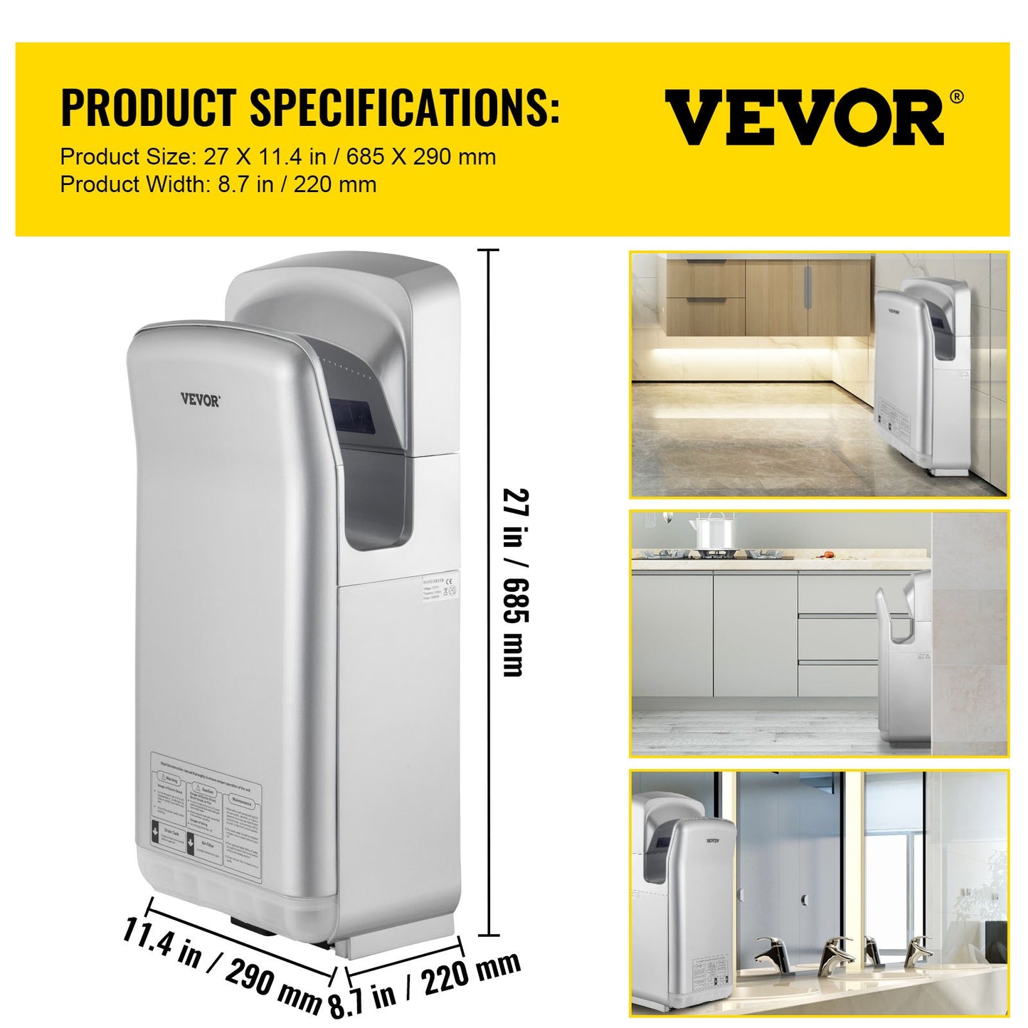 Jet Hand Dryer, Premium Electric Commercial Blade Hand Dryer, ABS Air Dryer Hand with HEPA Filtration Wall Mount Hand Dryer, 2000W 220V Vertical Hand Dryer, High-Speed Automatic Infrared Silver