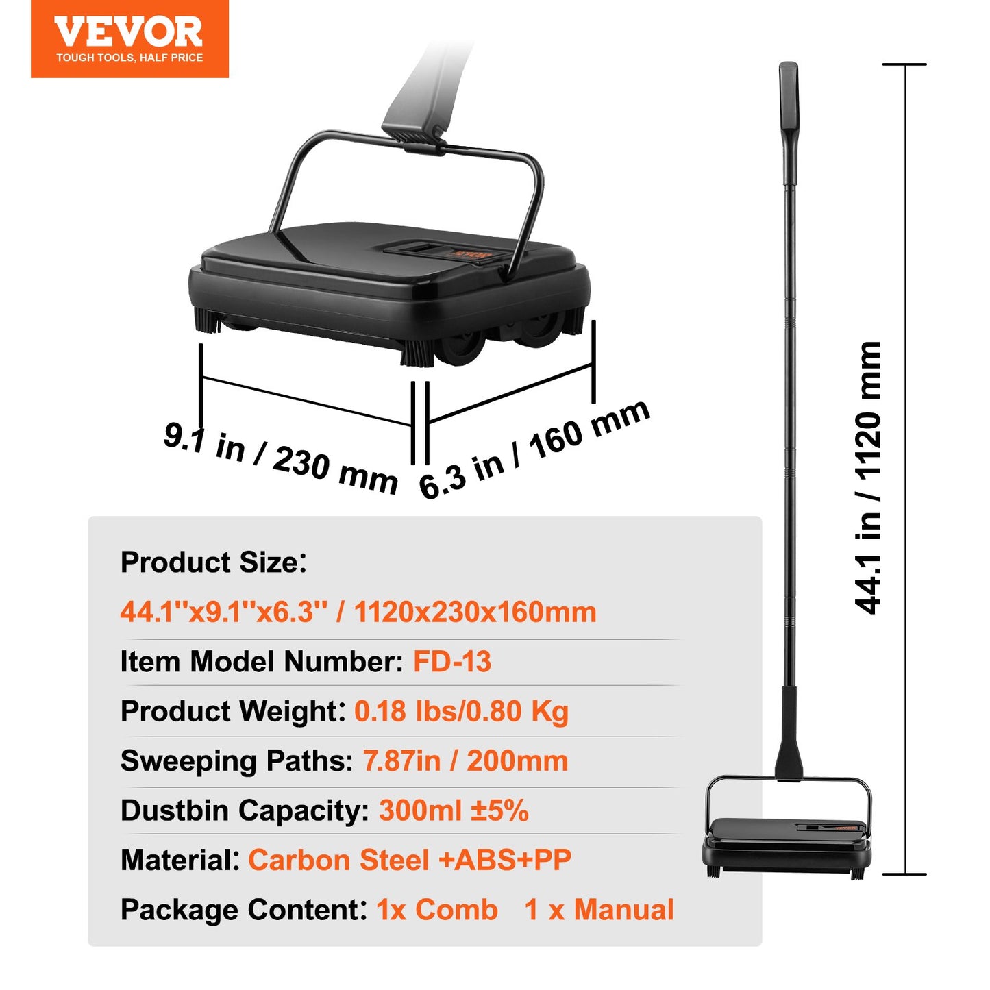 Carpet Sweeper, 20 cm Sweeping Paths, Floor Sweeper Manual Non Electric, 300 ml Dustbin Capacity with Comb for Home Office Rugs Hardwood Surfaces Wood Floors Laminate, Cleans Dust Pet Hair