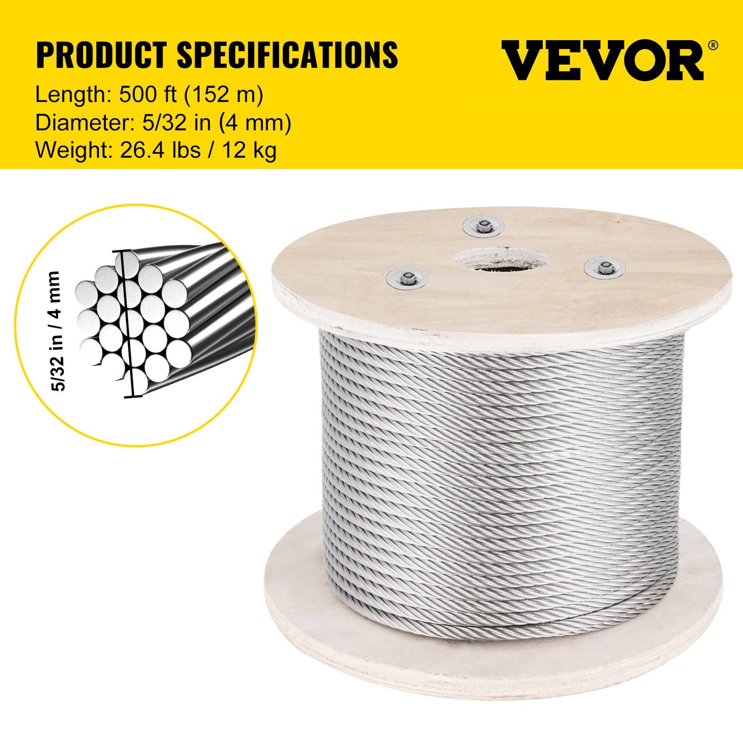 316 Stainless Steel Cable, 500FT Stainless Steel Wire Rope of 5/32 Inch Diameter and 1x19 Construction, 3300 LBS Breaking Strength Steel Cable for Outdoor Railing Decking DIY Balustrade