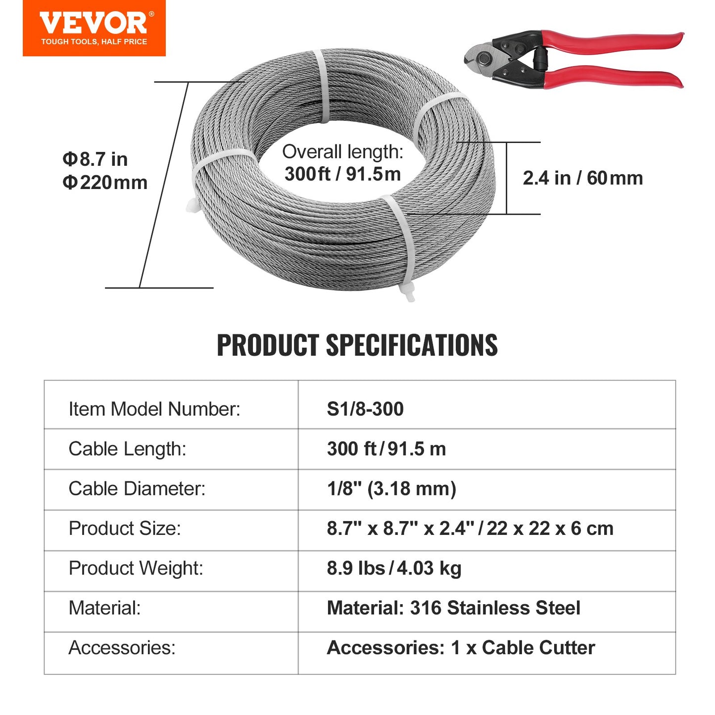 T316 Deck Railing Cable, 1/8" Stainless Steel Wire Rope 300 ft with Cutter Kit, 7x7 Strands Construction Marine Aircraft Grade for Handrail Stair Decking Fence Outdoors
