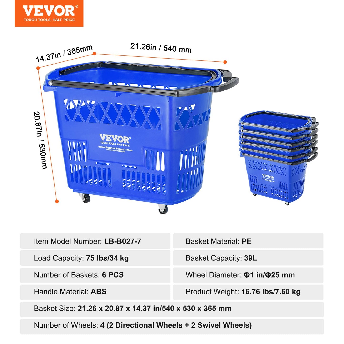 Shopping Baskets, 6PCS, 39L Shopping Carts with Handles, Plastic Rolling Shopping Basket with Wheels, Large Portable Shopping Basket Set for Supermarkets, Retail Stores, Grocery Shopping, Blue