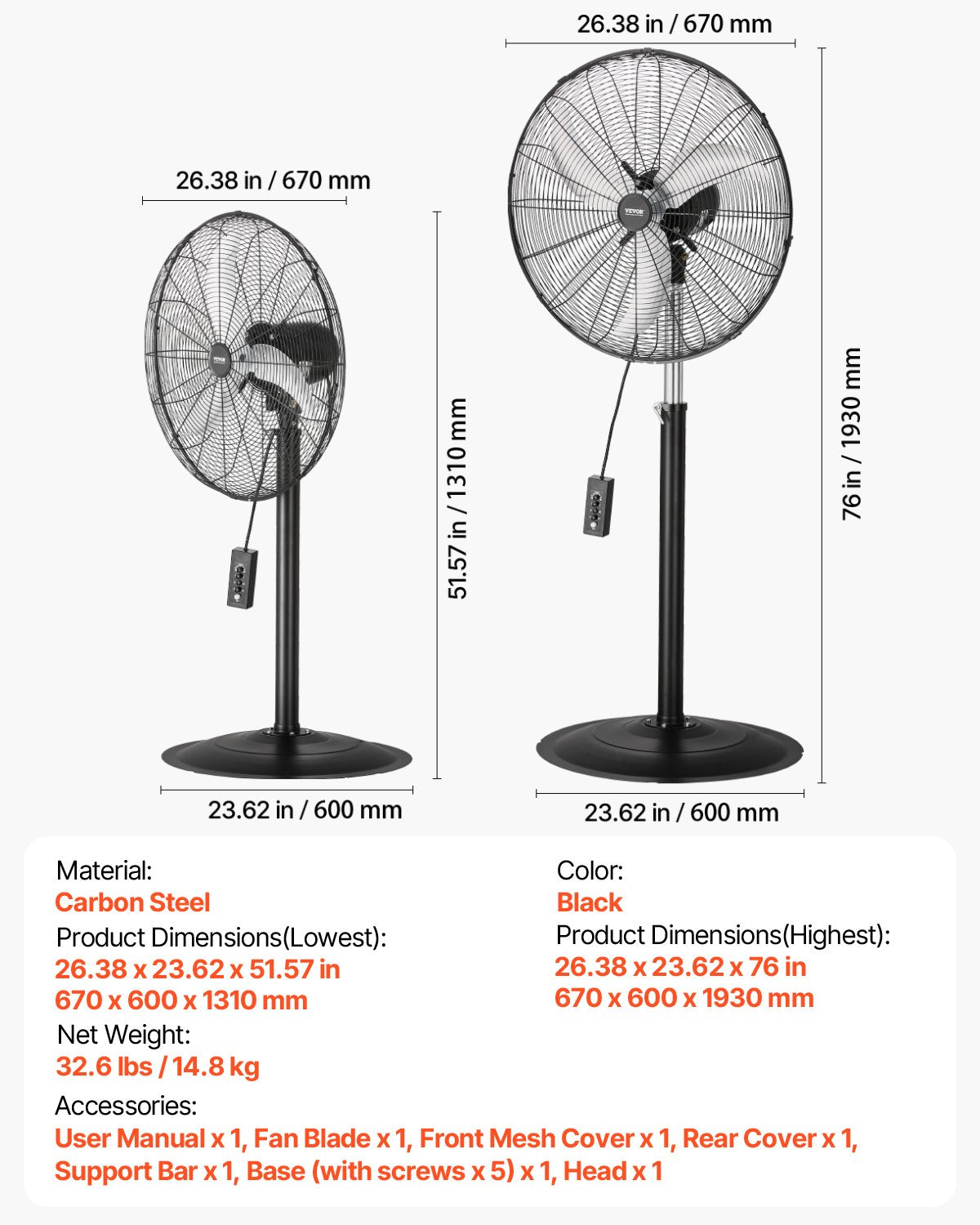 Industrial Pedestal Fan, 24 Inch 85-Degree Oscillating Fan, Height Adjustable Standing Fans with 3 Adjustable Speeds, High Power Floor Fans for Bedroom, Living Room, Home, Office, Black