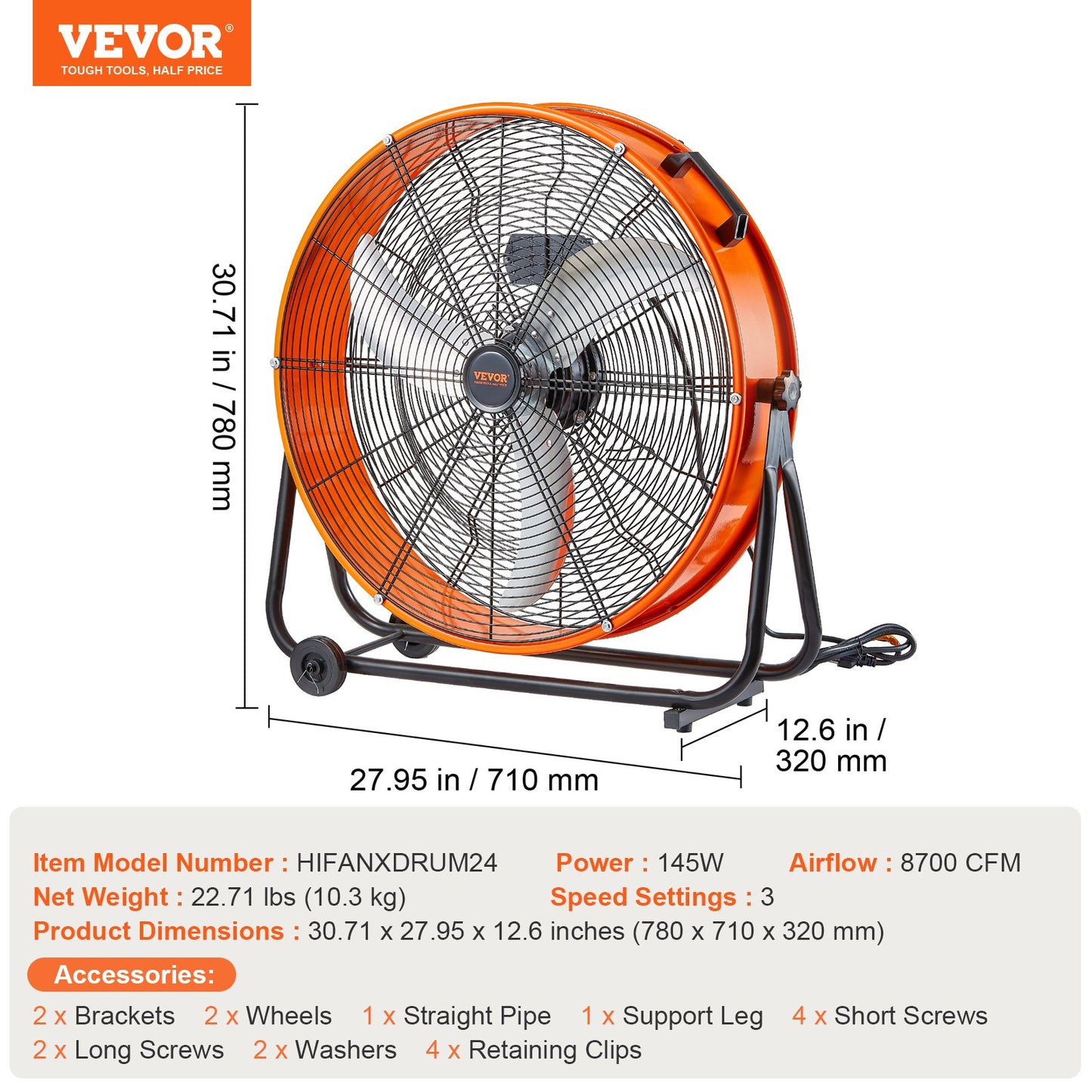 Drum Fan, 24 Inch High Velocity Industrial Shop Fan, Heavy Duty Commercial Use 3-Speed 8600CFM, 360°Adjustable Tilting Industrial Floor Fan for Warehouse,Workshop,Factory, Basement