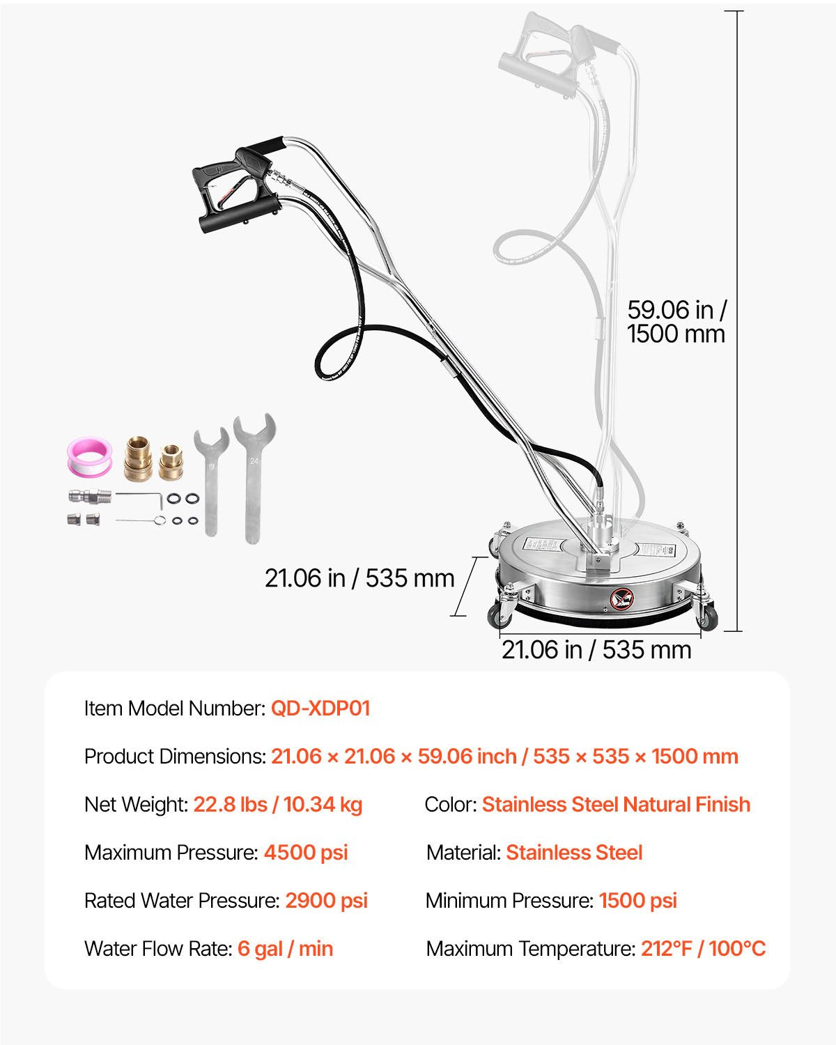 21" Pressure Washer Surface Cleaner, Stainless Steel Pressure Washer Attachments with 4 Wheels, 4500 Max PSI, 3/8 Quick Connector, 2 Spray Nozzles, Dual Handle, for Concrete, Patio, Sidewalk