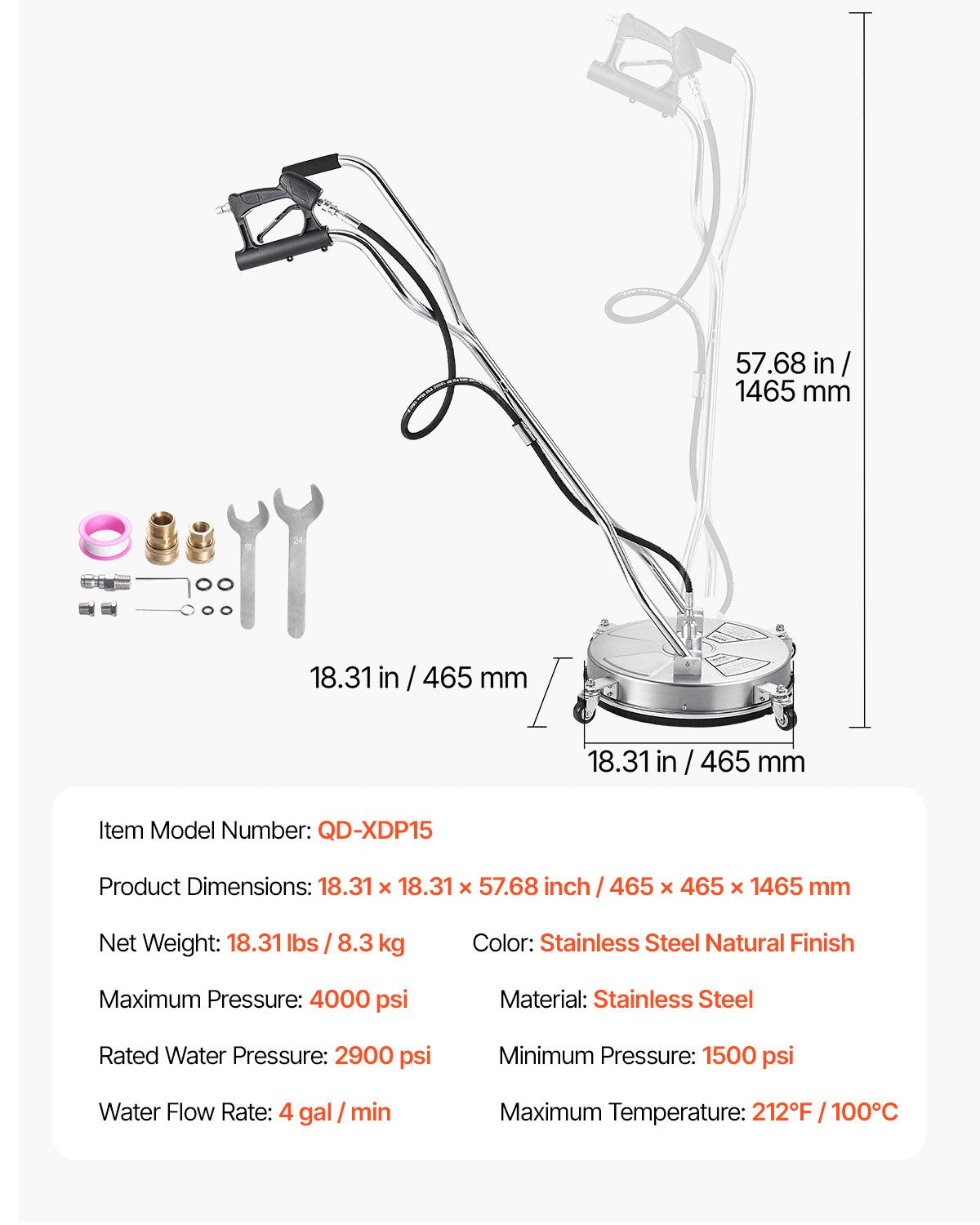 18" Pressure Washer Surface Cleaner, Stainless Steel Pressure Washer Attachments with 4 Wheels, 4000 Max PSI, 3/8 Quick Connector, 2 Spray Nozzles, Dual Handle, for Concrete, Patio, Sidewalk