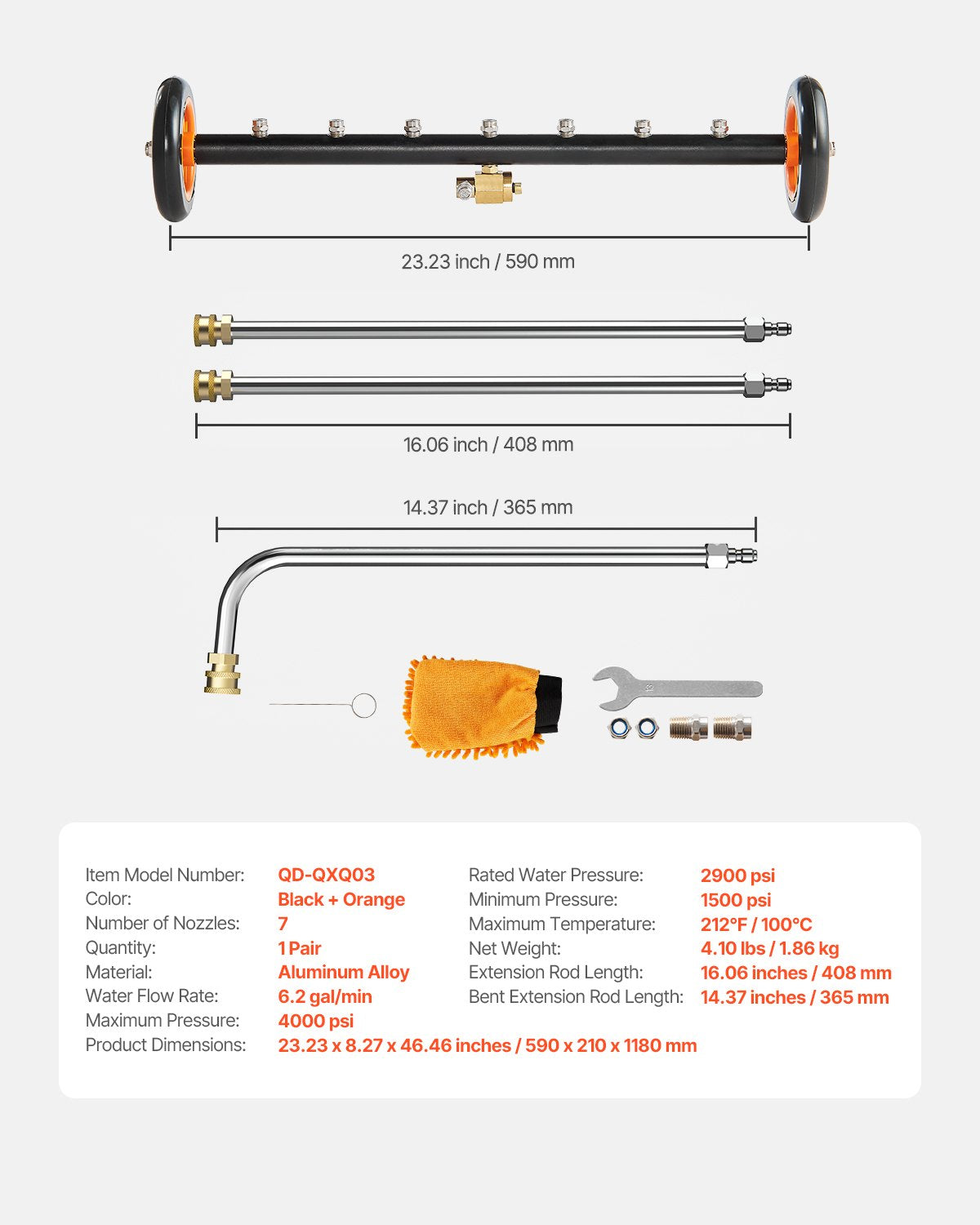 24" Pressure Washer Undercarriage Cleaner, Stainless Steel Surface Cleaner for Pressure Washer, 4000 Max PSI, Angle Adjustment Gear, 7 Spray Nozzles, 2 Extended Wands for Driveway, Patio, Deck