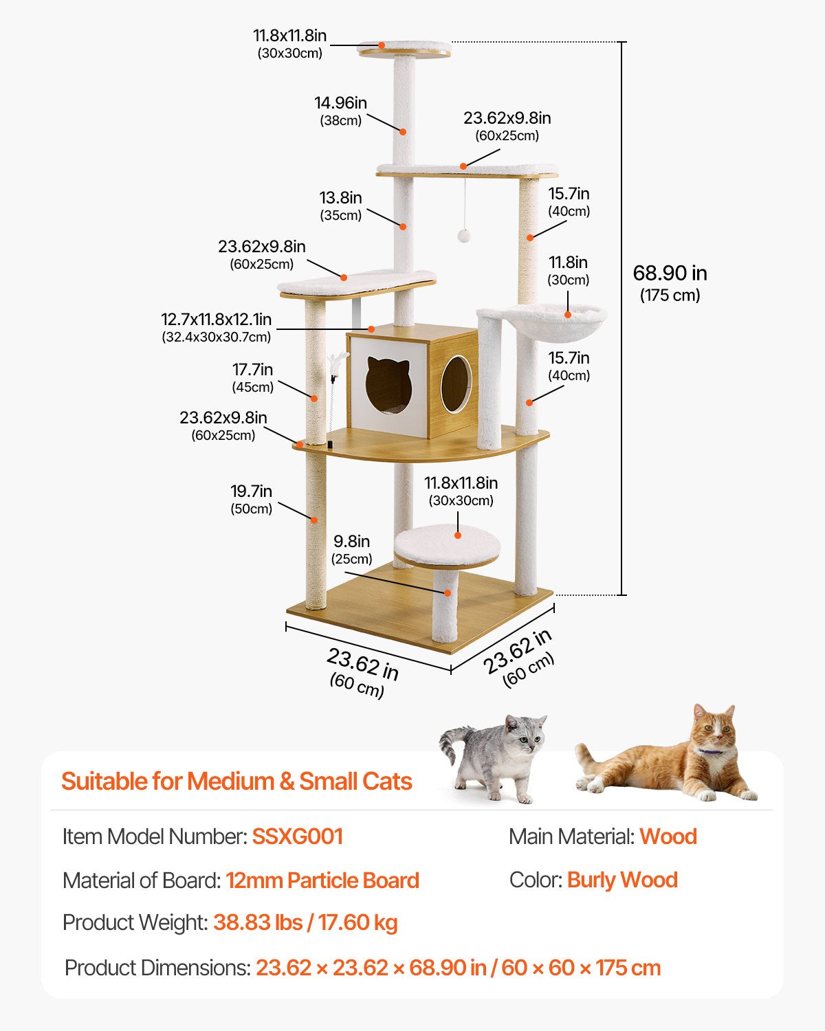 Large Cat Tree, 68.9 inches Tall, Cat Tower, Multi-level Cat Condo Furniture Activity Center with Cozy Perches, Sisal Scratching Posts, Hammock, Big Kittens House for Indoor Cats Play & Rest