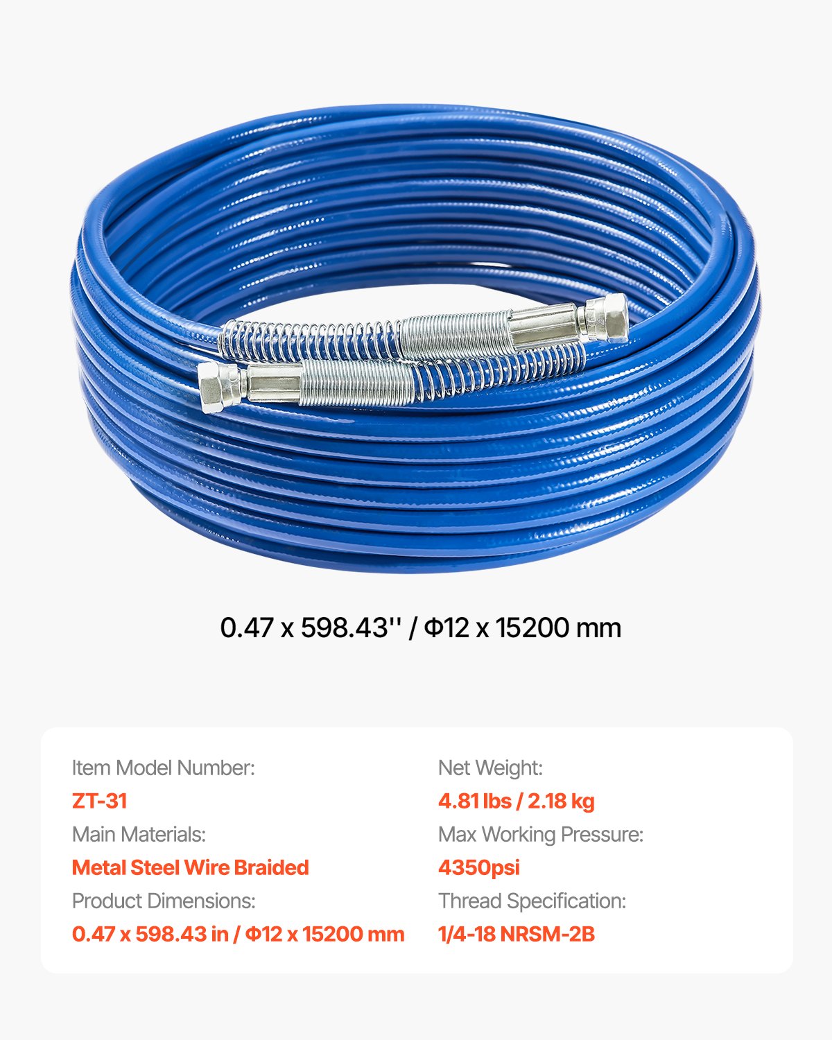 50ft Airless Paint Sprayer Hose, 1/4 in Universal Airless Paint Spray Hose, 4350 PSI High Pressure Flexible Airless Sprayer Hose, Multi-Layer Reinforced Steel Wire Braid Hose for Paint Sprayer