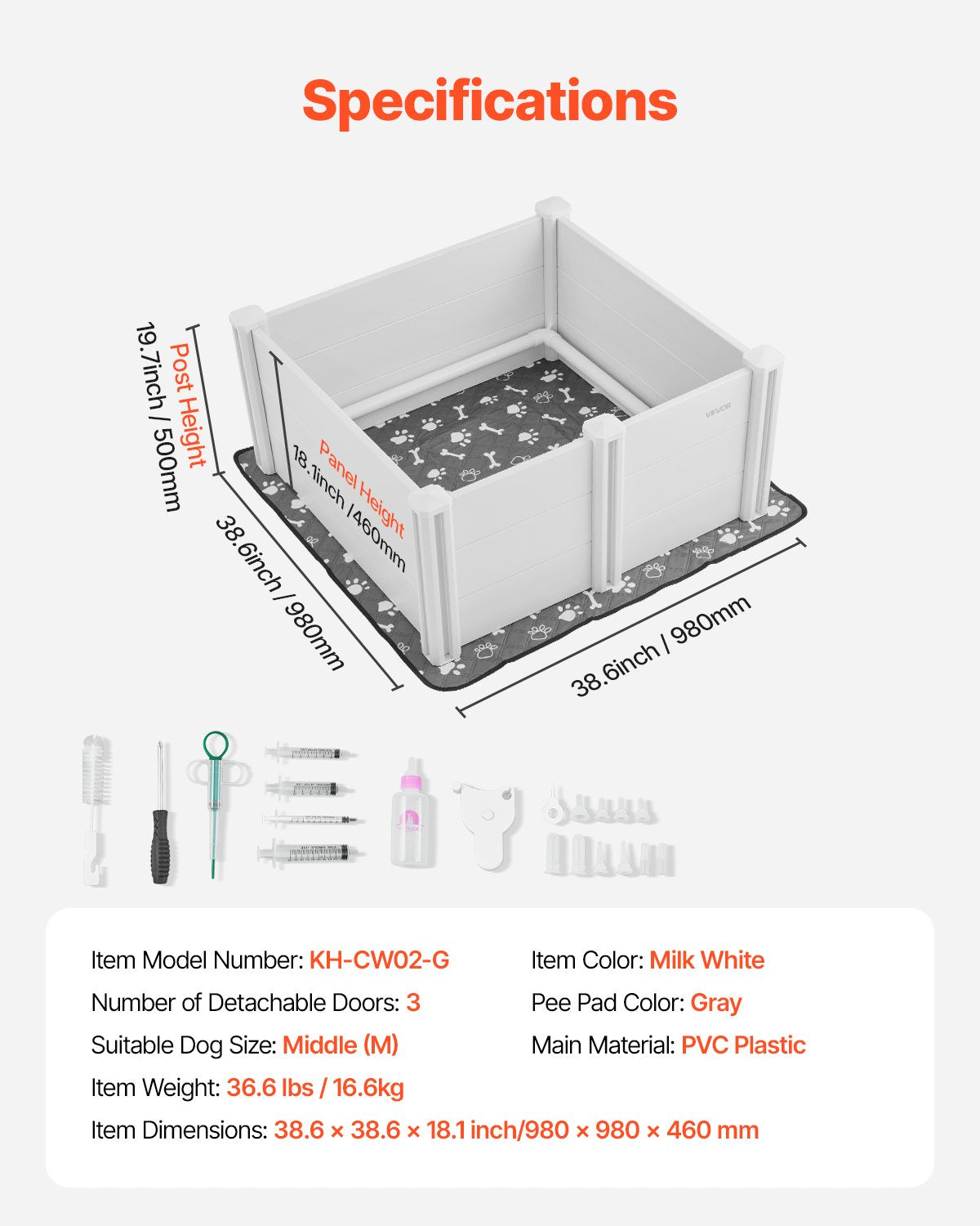 Dogs Whelping Box, 38.6 x 38.6 x 18.1 inch, Plastic PVC Puppies Playpen with Height Adjustable Door and Washable Pee Pad, Anti-Deformation Indoor Puppy Play Pen for Medium Breed Dogs, Milk White