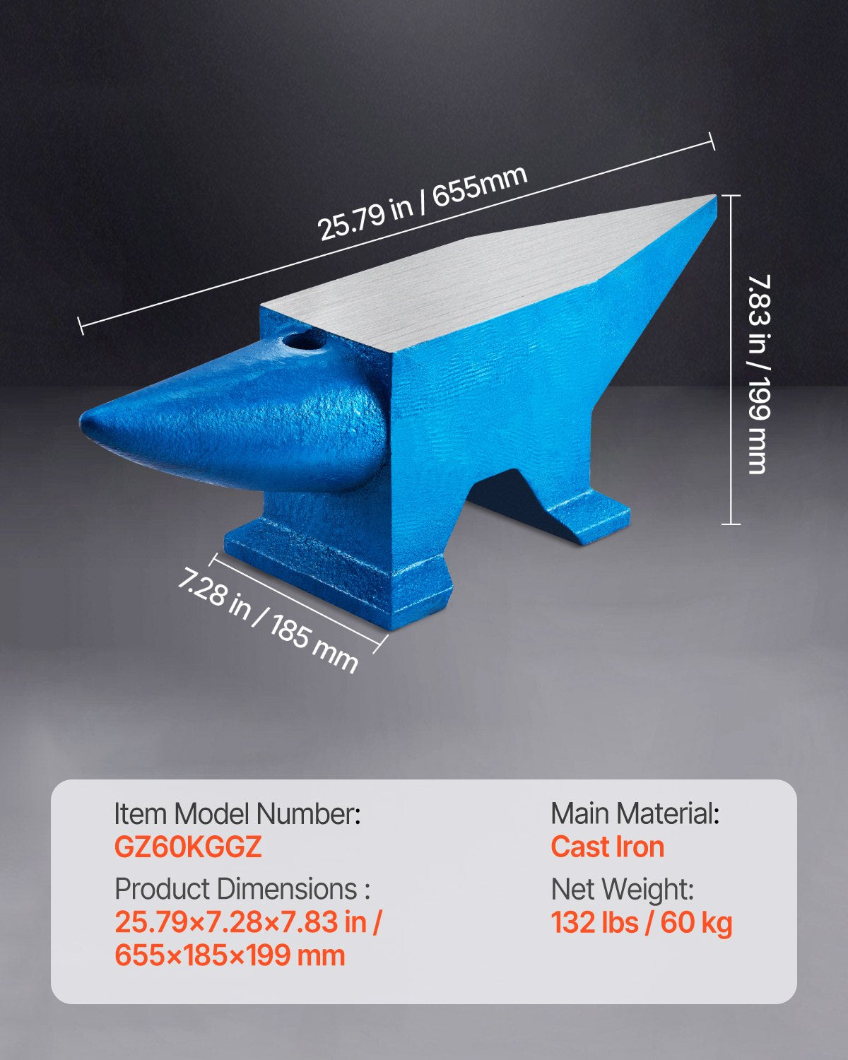 Single Horn Anvil 132Lbs Cast Steel Anvil Blacksmith for Sale Forge Steel Tools with Round and Square Hole and Equipment Anvil Rugged Blacksmith Jewelers Durable and Robust Metal Working Tool