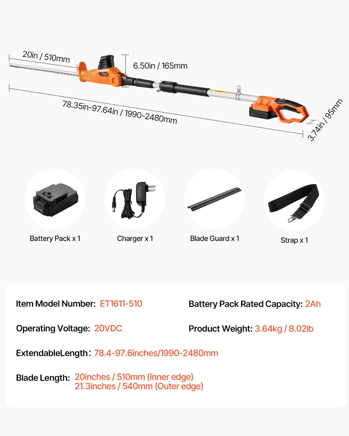 Electric Hedge Trimmer, 1200 RPM, 6.2 - 7.8 Ft Extendable, Pole Hedge Trimmer for High Branch, 20V Battery, Cordless Hedge Trimmer with 20 in Blade, 5 Angles Adjustable for Yard Garden