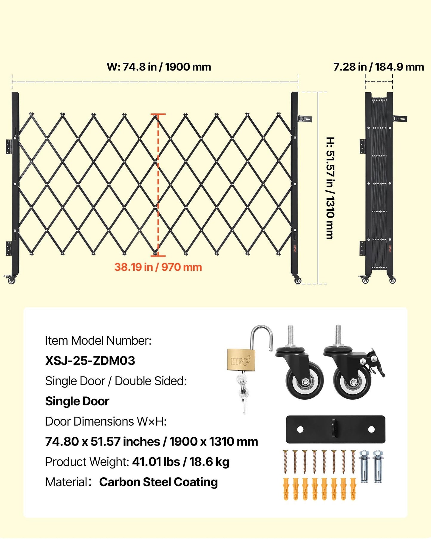 Single Folding Security Gate, Lockable Scissor Gate with 360° Swivel Casters, Outdoor Barricade Steel Retractable Gates, for Entry Security, Garage, Warehouse & Pool, 190 × 131 cm (W × H)