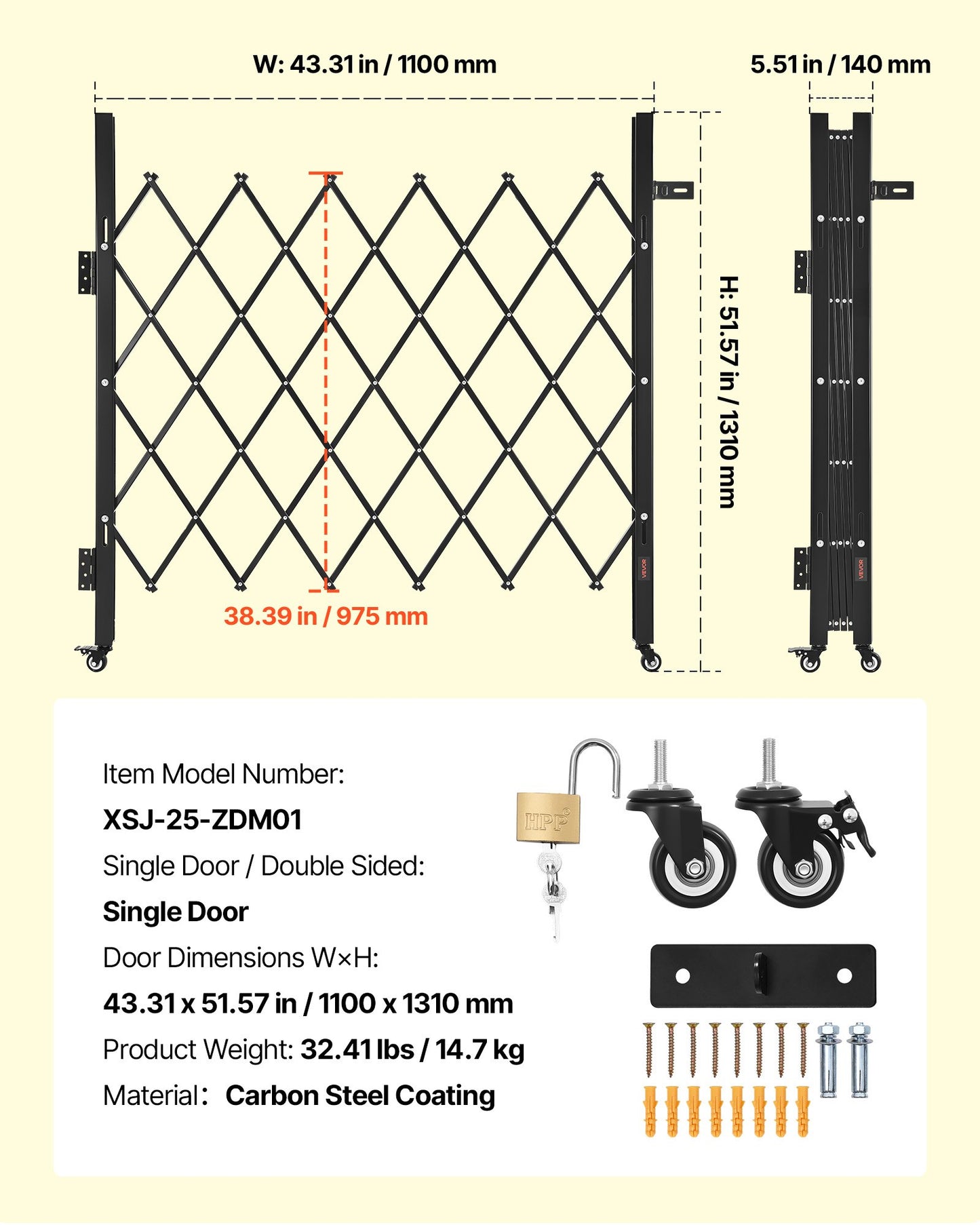 Single Folding Security Gate, Lockable Scissor Gate with 360° Swivel Casters, Outdoor Barricade Steel Retractable Gates, for Entry Security, Garage, Warehouse & Pool, 110 × 131 cm (W × H)