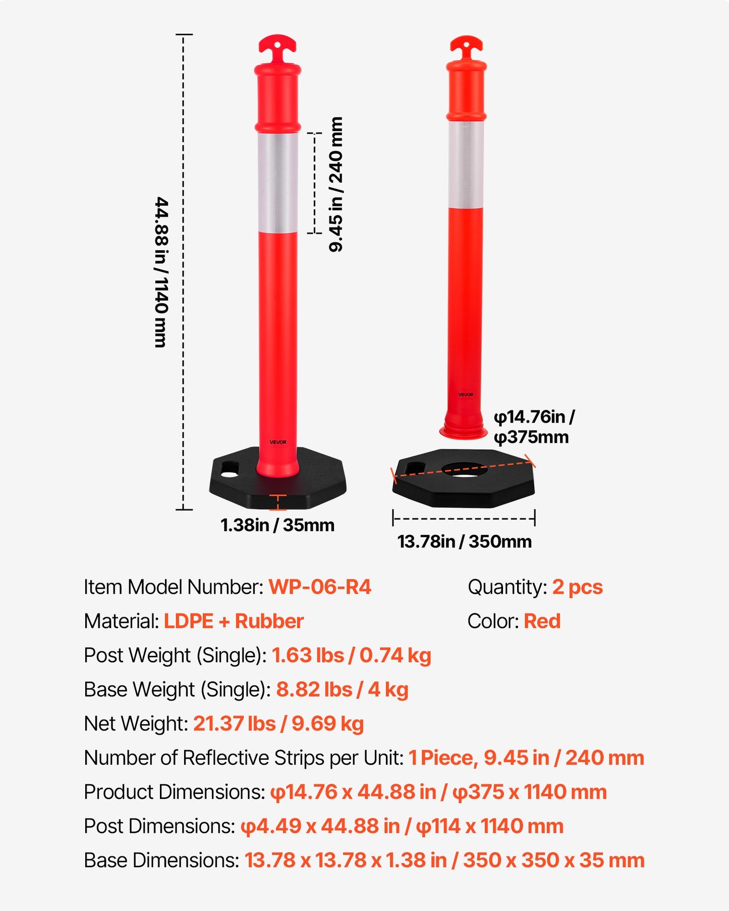 2 Pack Traffic Delineator Posts, 1140 mm Traffic Safety Cones with Weighted Base and Reflective Strips, Heavy Duty Delineator Posts for Construction Site, Parking Lot, Crowd Control, Red