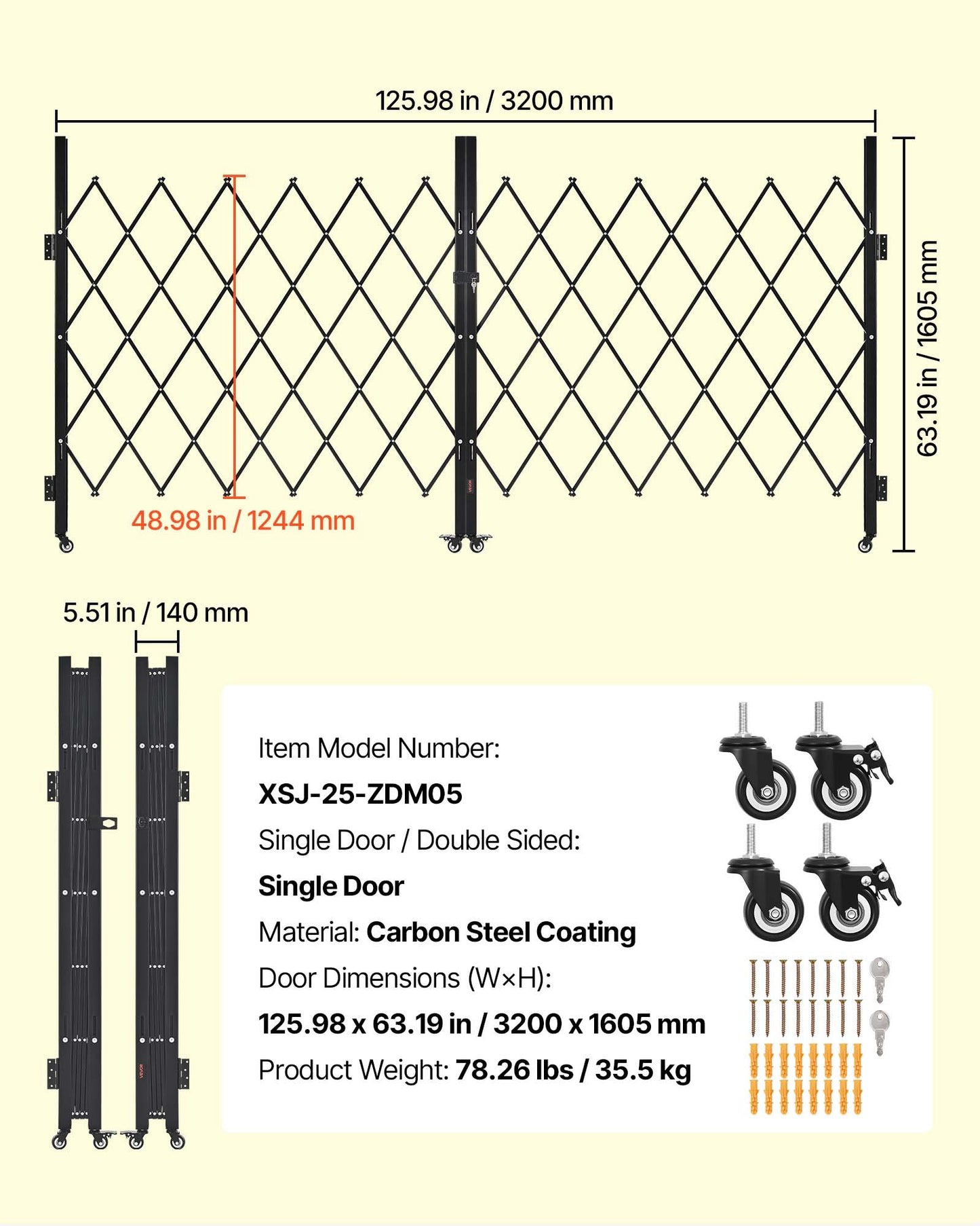 Double Folding Security Gate, Lockable Scissor Gate with 360° Swivel Casters, Outdoor Barricade Steel Retractable Gates, for Entry Security, Garage, Warehouse & Pool, 320 × 160.5 cm (W × H)