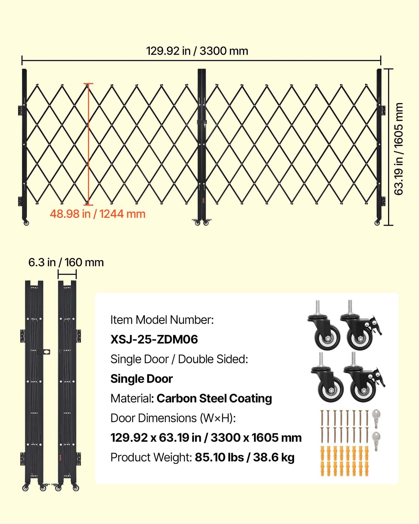 Double Folding Security Gate, Lockable Scissor Gate with 360° Swivel Casters, Outdoor Barricade Steel Retractable Gates, for Entry Security, Garage, Warehouse & Pool, 330 × 160.5 cm (W × H)
