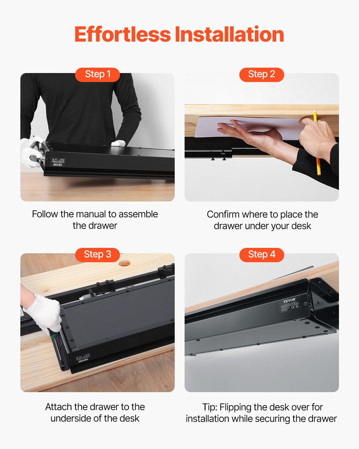 26" Wide Under Desk Drawer Slide Out, Under Desk Mounted Pull-out Drawer Attachment, Hidden Desktop Storage Organizer, Under Table Pencil Drawer for office Home Sit Stand Workstation, 29x9x4 in