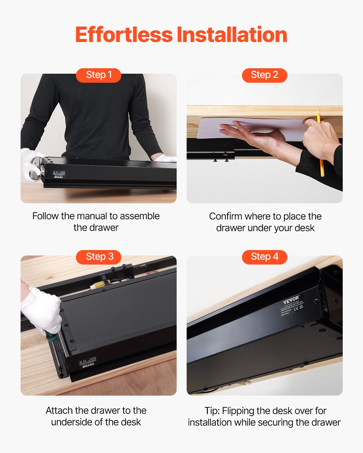 33" Wide Under Desk Drawer Slide Out, Under Desk Mounted Pull-out Drawer Attachment, Hidden Desktop Storage Organizer, Under Table Pencil Drawer for office Home Sit Stand Workstation, 33x9x4 in