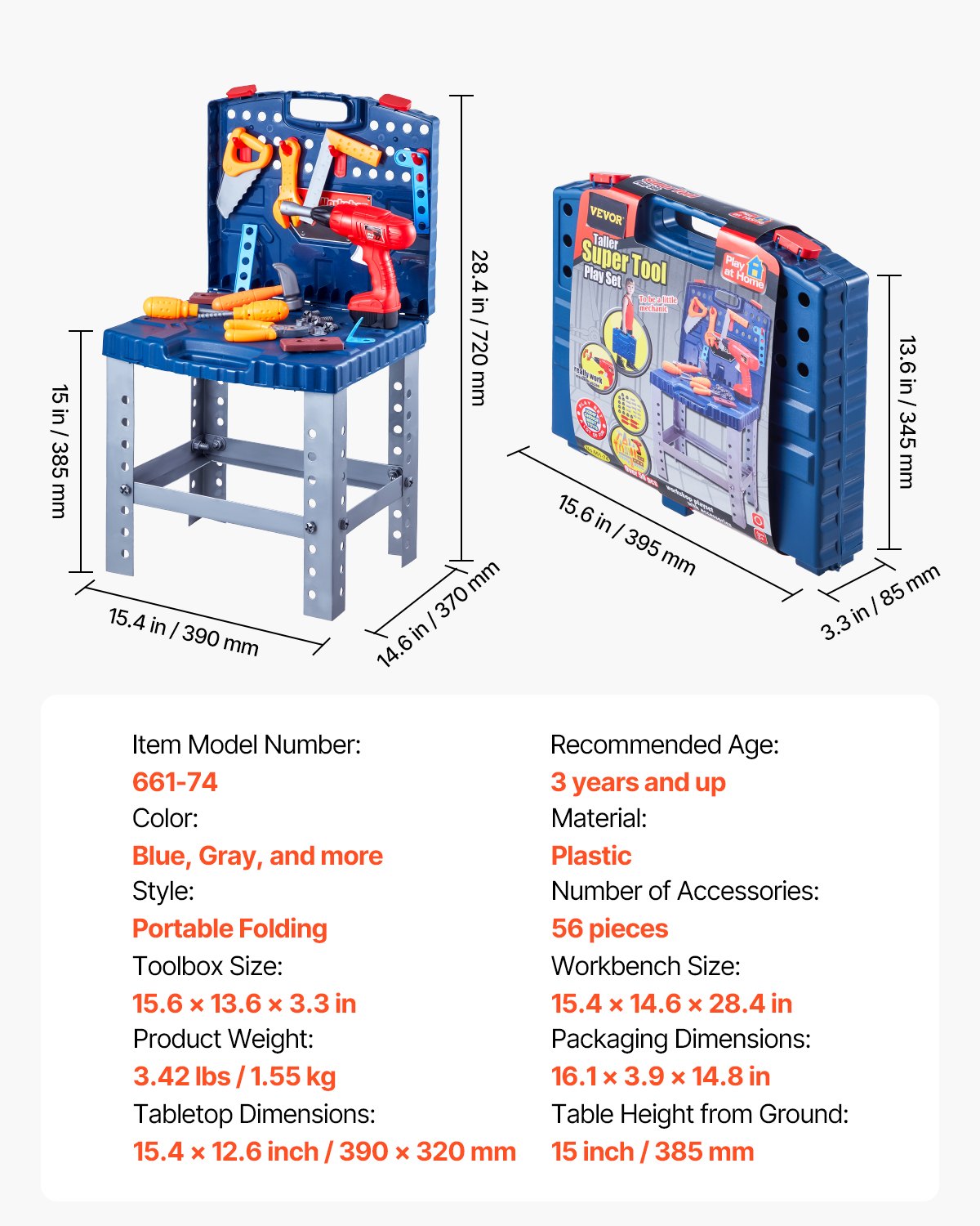 Kids Workbench, 56 pcs, Kids Tool Bench with Realistic Tools and Electric Drill, Pretend Play Construction Workbench Toys for Toddlers, Toddler Work Bench Learning Gift for Boys & Girls Age 3+