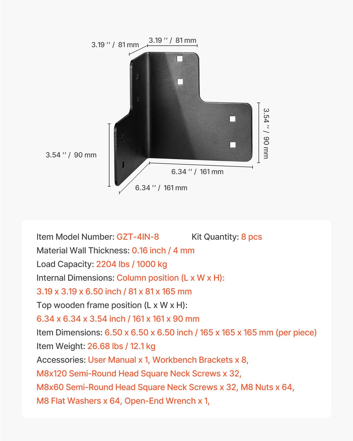 Workbench Corner Bracket Kit, 6.50 x 6.50 x 6.50 inch / 165 x 165 x 165 mm, 2204lbs/1000kg Load Capacity, Heavy Duty Sturdy Steel Angle Brackets with Screws, for Desk Shop Table Platform, 8 Pcs