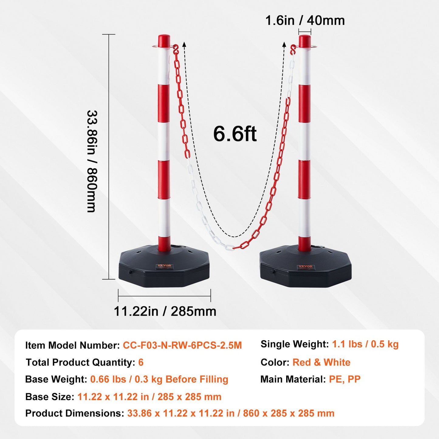 Adjustable Traffic Delineator Post Cones, 6 Pack, Traffic Safety Delineator Barrier with Fillable Base 2 m Chain, for Traffic Control Warning Parking Lot Construction Caution Roads, Red & White
