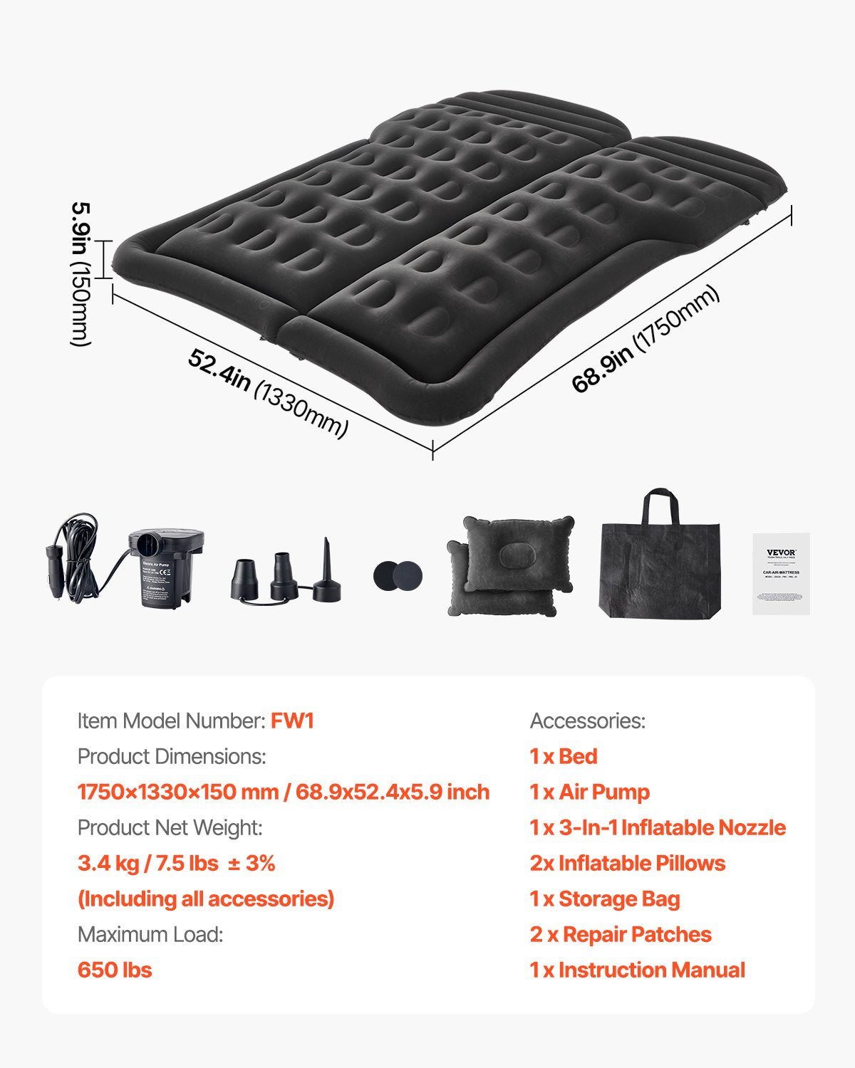Car Air Mattress, Inflatable Car Camping Mattress, Flocking Thickened Travel Beds, Durable Portable Sleeping Pad with Air Pump, 2 Pillows, Nozzle, Carry Bag, Fits Most SUV MPV Sedan, Black