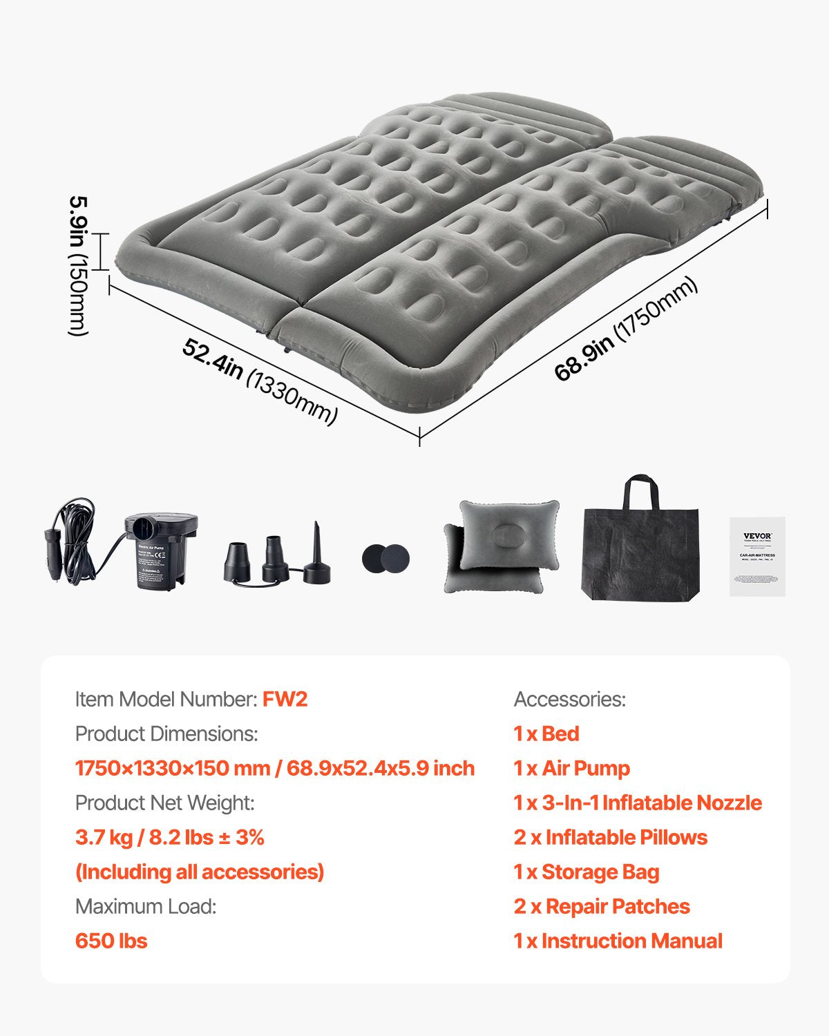Car Air Mattress, Inflatable Car Camping Mattress, Flocking Thickened Travel Beds, Comfortable and Durable Portable Sleeping Pad with Air Pump, Nozzle, Carry Bag, Fits Most SUV MPV Sedan, Gray