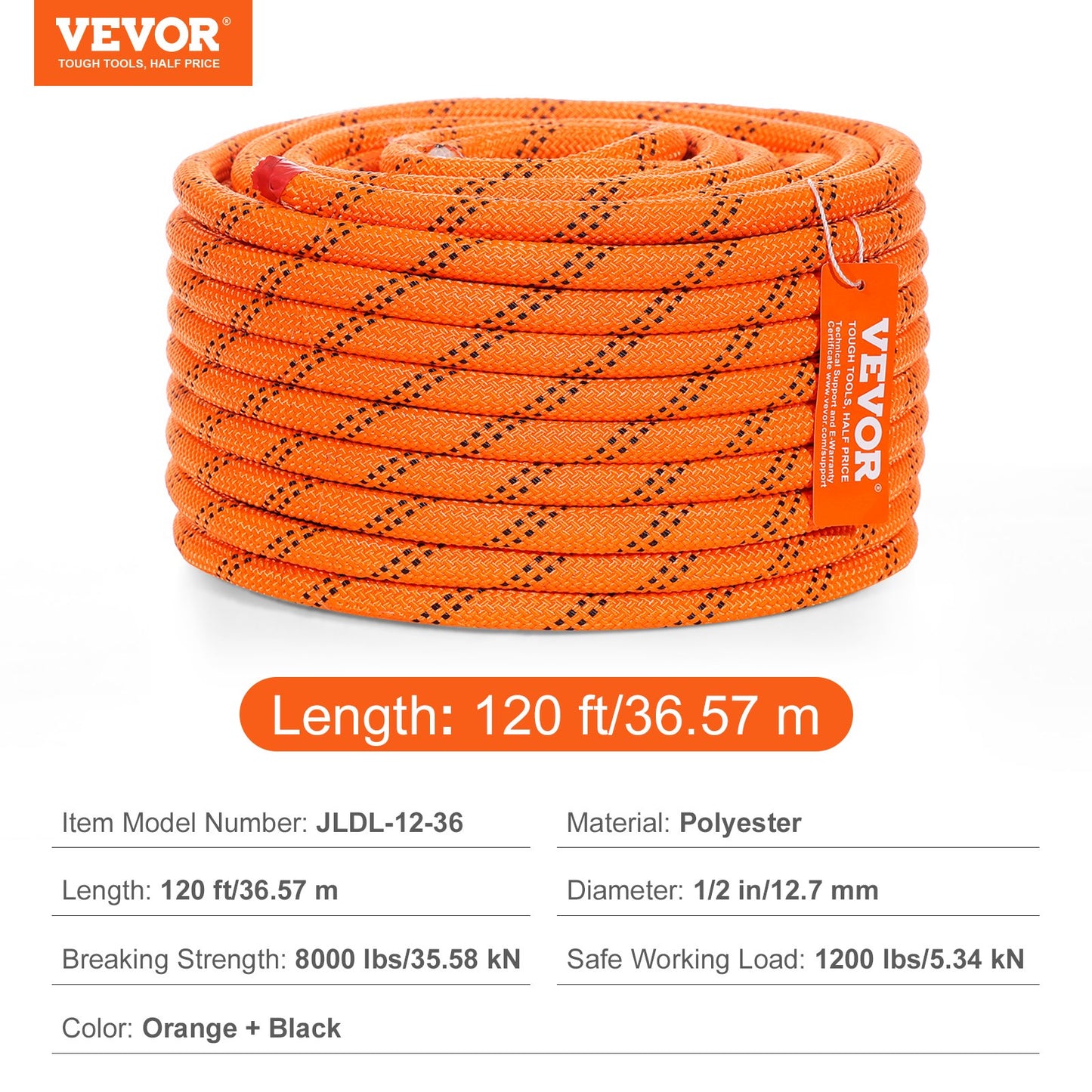 Arborist Tree Climbing Rope Double Braid Polyester 1/2"/1.3 cm x 120'/36.6 m 48-Strand