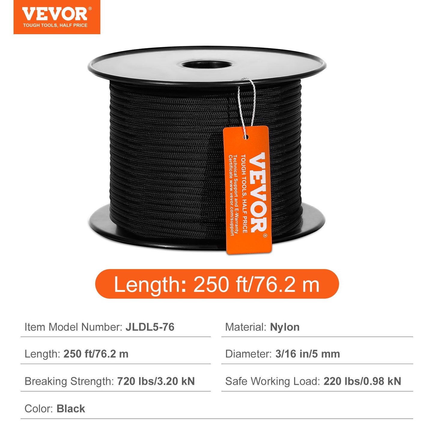 Braided Nylon Rope, 3/16 in x 250 ft, 32 Strands, 720 LBS Breaking Strength Outdoor Climbing Rope, Arborist Tree Climbing Rigging Rope for Rock Hiking Camping Swing Rappelling Rescue, Black