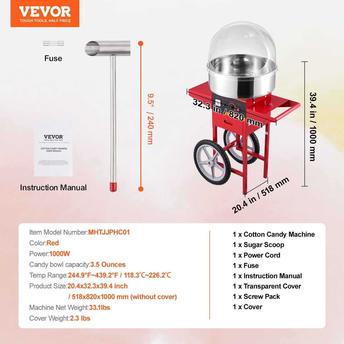 Electric Cotton Candy Machine with Cart, 1000W Commercial Candy Floss Maker with Cover, Stainless Steel Bowl, Sugar Scoop and Drawer, Perfect for Home, Kids Birthday, Family Party, Red