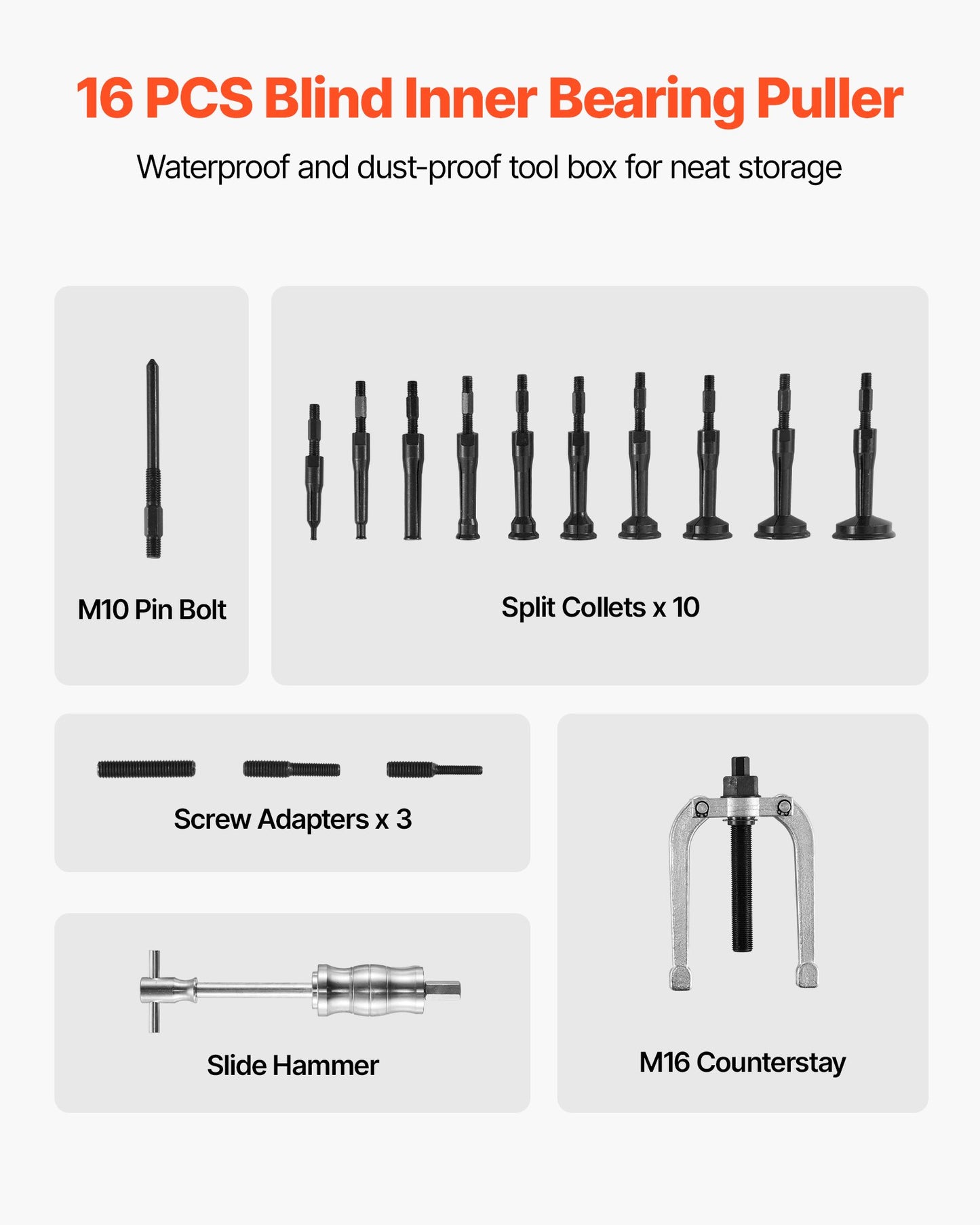 Lageravdragarsats för blindhål, 16-i-1-sats för innerlager och tätningsutdragare, 16 delar glidhammare, pilotinsats, invändig lagerborttagningsverktygssats med 10 delade hylsor och motstag