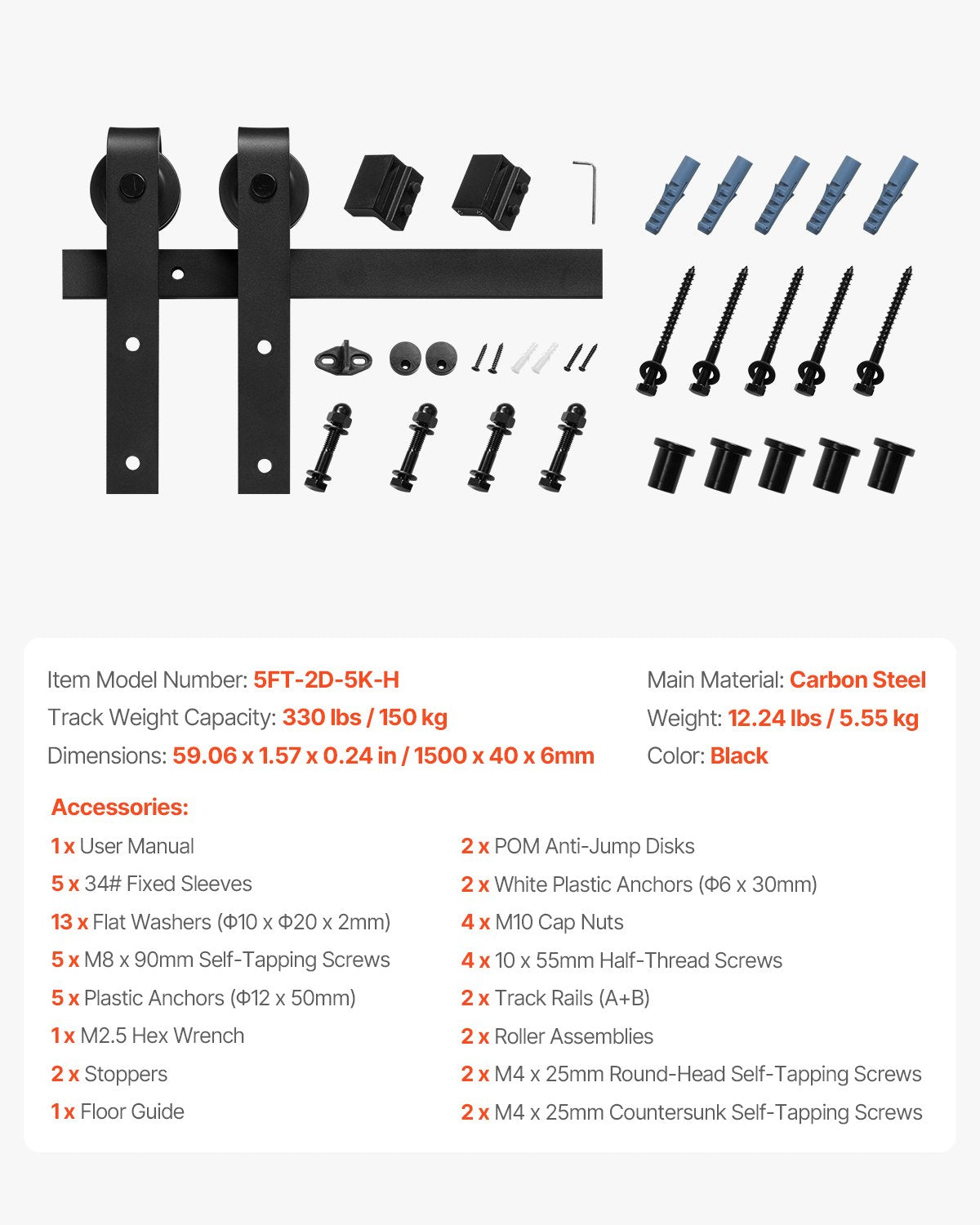 5FT Sliding Barn Door Hardware Kit, 330 LBS Weight Capacity, Compatible with 30 Inches Max Width & 1-3/8 to 1-3/4 Inches Thickness Single Sliding Barn Door, Durable Track & J-shape Roller,Black