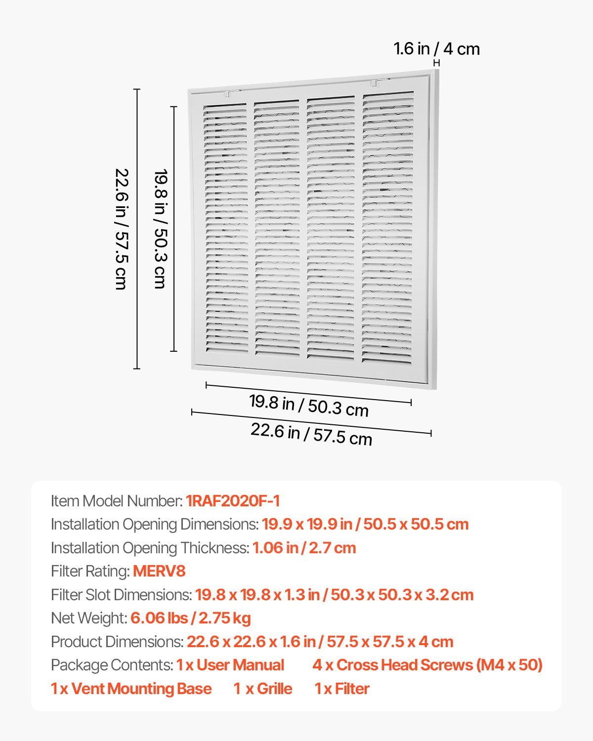 Return Air Filter Grille, Fits W20 x H20in Duct Opening Size, Filter Included, Return Air Vent Cover for Wall, Powder-Coated Steel Return Air Grill Detachable Face/Door for 1 inch Filters