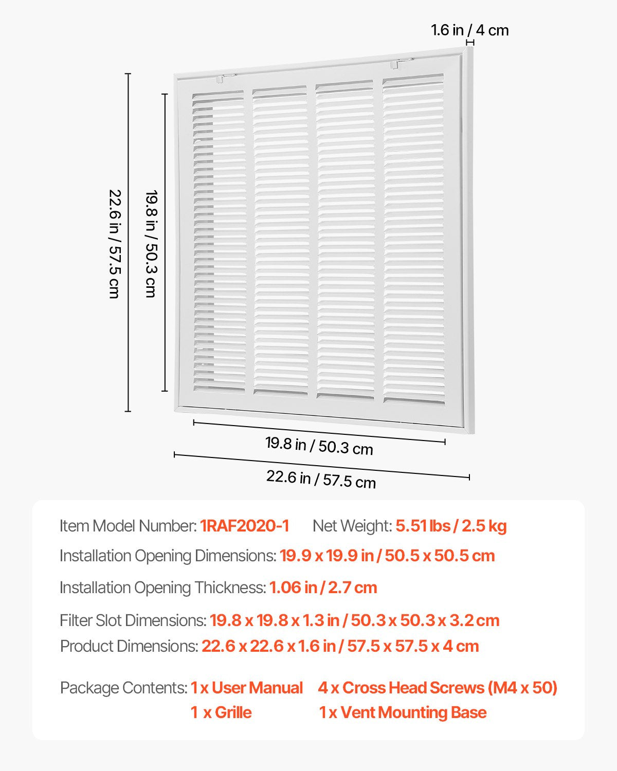 Return Air Filter Grille, Fits W20 x H20 Inch Duct Opening, Filter Not Included, Return Air Vent Cover for Wall, Powder-Coated Steel Return Air Grill Detachable Face/Door for 1 inch Filters