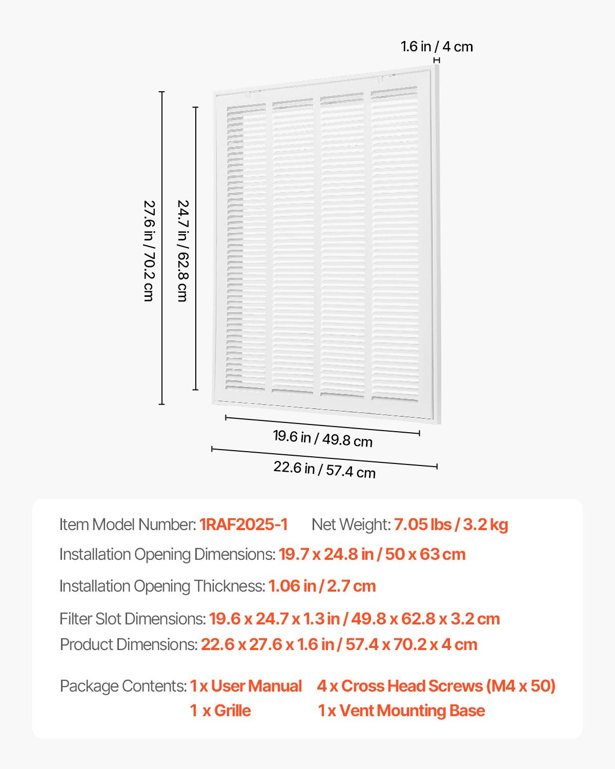 Galler för frånluftsfilter, passar kanalöppning B20 x H25 tum, filter ingår ej, skydd för frånluftsventilation för vägg, pulverlackerat stålgaller för frånluft, avtagbar framsida/dörr för 2,5 cm filter