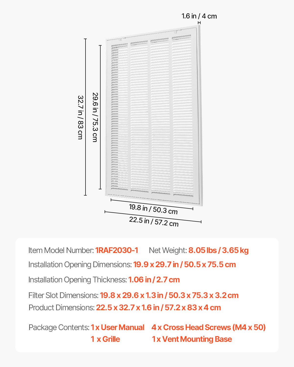Galler för frånluftsfilter, passar kanalöppning B20 x H30 tum, filter ingår ej, skydd för frånluftsventilation för vägg, pulverlackerat stålgaller för frånluft, avtagbar framsida/dörr för 2,5 cm filter