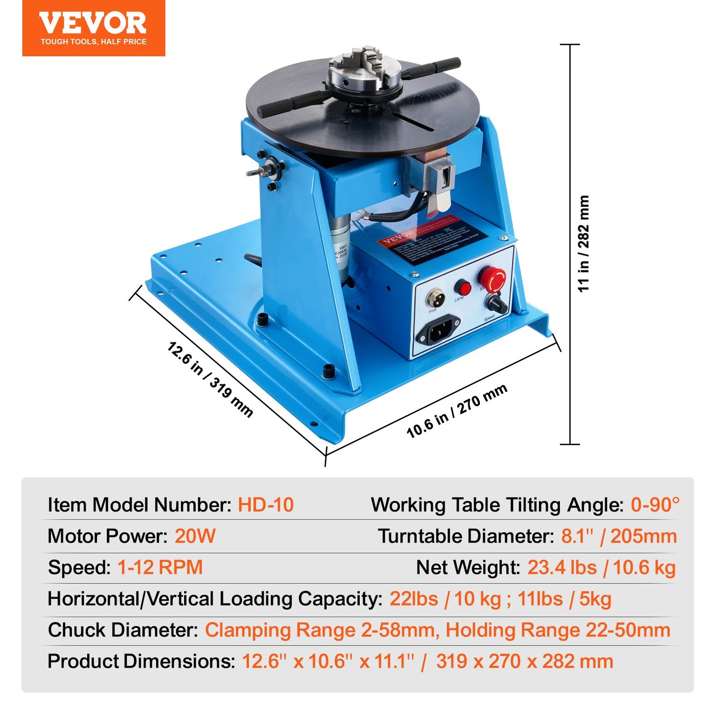 Rotary Welding Positioner 10KG, 0-90° Welding Positioning Turntable Table with 8.1 Inch 3-Jaw Lathe Chuck, 1-12 RPM 20W Portable Welder Positioning Machine for Cutting Grinding Assembly Testing