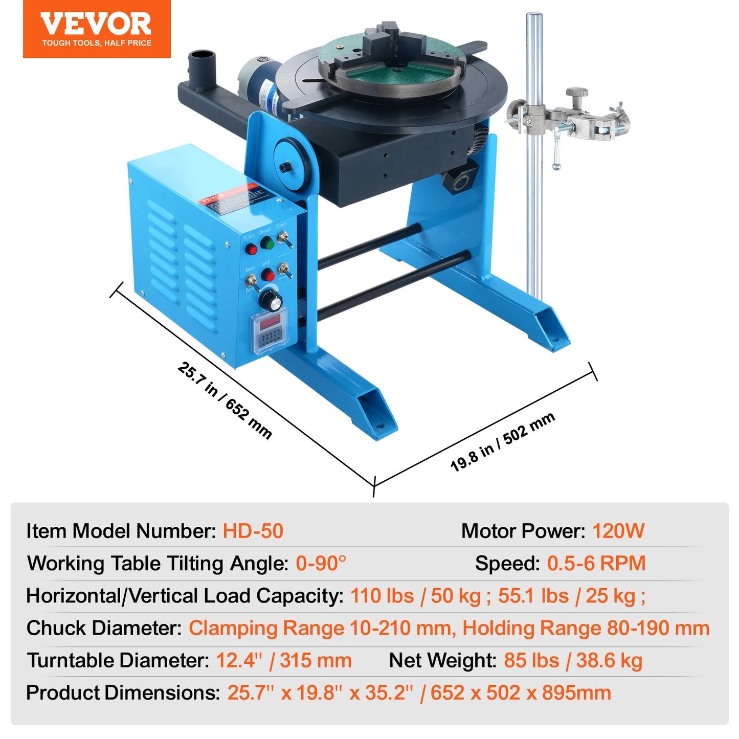 Rotary Welding Positioner 50KG, 0-90° Welding Positioning Turntable Table 0.5-6RPM 120W, with 12.4 Inch 3-Jaw Lathe Chuck & Welding Torch Stand Holder for Cutting, Grinding, Assembly, Testing