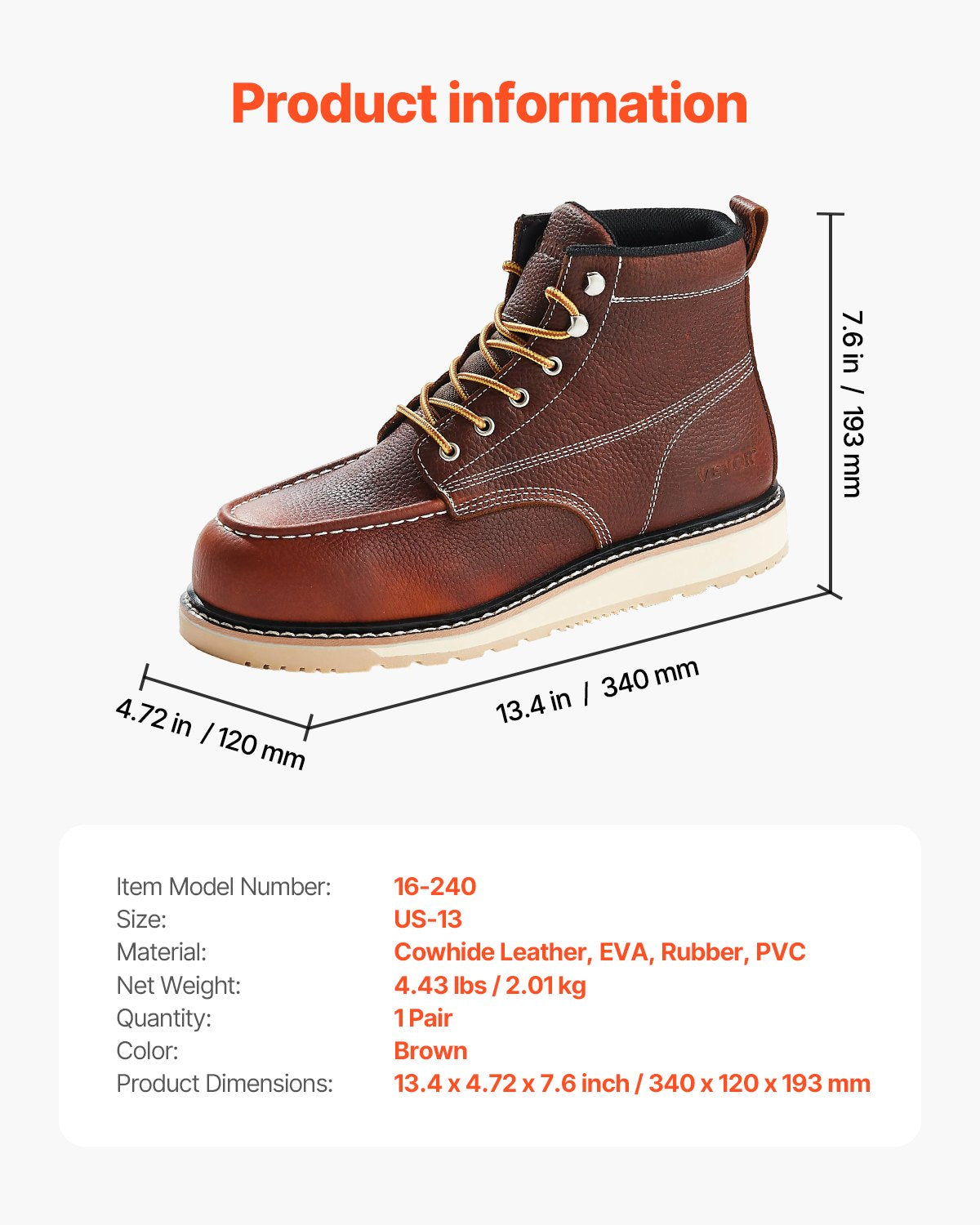 Stålhätta arbetskängor, UK storlek 12, vattentäta arbetskängor med mockatå för män, halkfria arbetskängor, lätta och andningsbara EVA-gummisula herrstövlar för industri och bygg, bruna