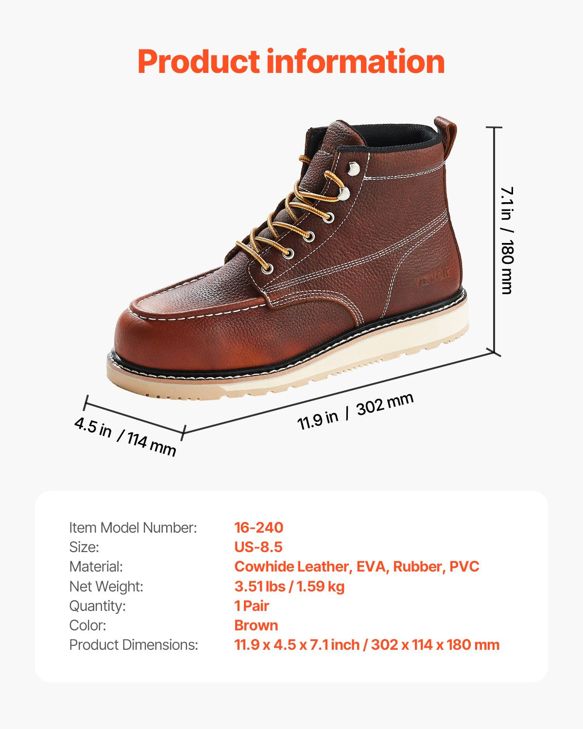 Steel Toe Work Boots, UK Size 7.5, Waterproof Moc Toe Work Boots for Men, Slip-Resistant Work Boot, Lightweight and Breathable EVA Rubber Sole Mens Boots for Industry Construction, Brown