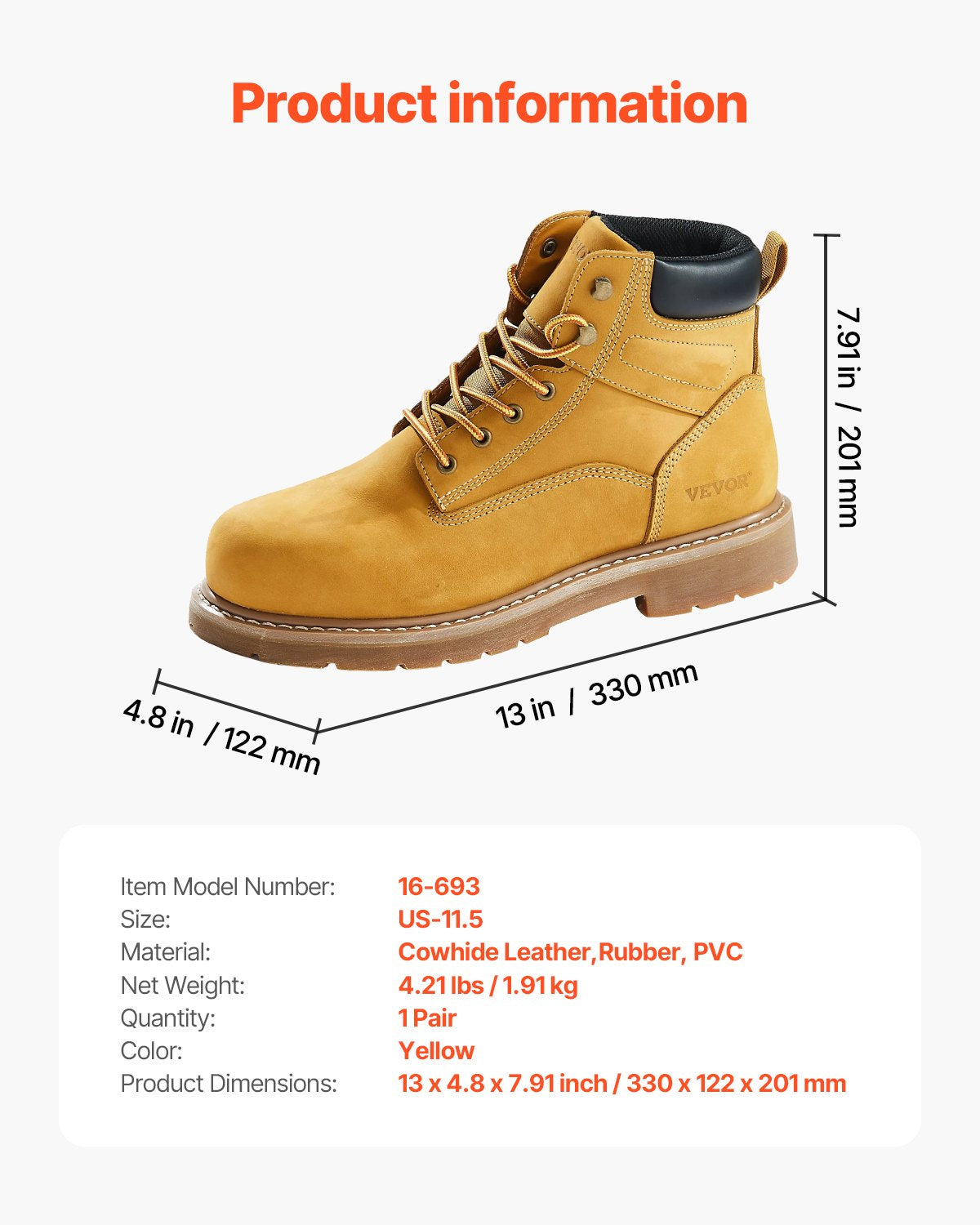 Steel Toe Work Boots, UK Size 10.5, Waterproof Work Boots for Men, Slip-Resistant Work Boot, Lightweight and Breathable Rubber Sole Mens Boots for Industry Construction, Brown Yellow