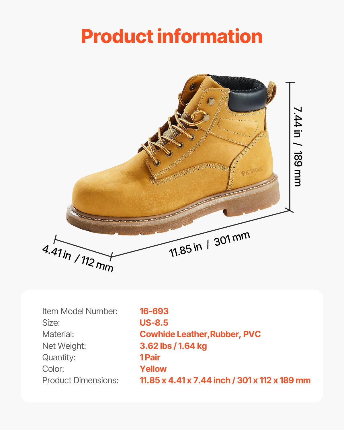 Steel Toe Work Boots, UK Size 7.5, Waterproof Work Boots for Men, Slip-Resistant Work Boot, Lightweight and Breathable Rubber Sole Mens Boots for Industry Construction, Brown Yellow