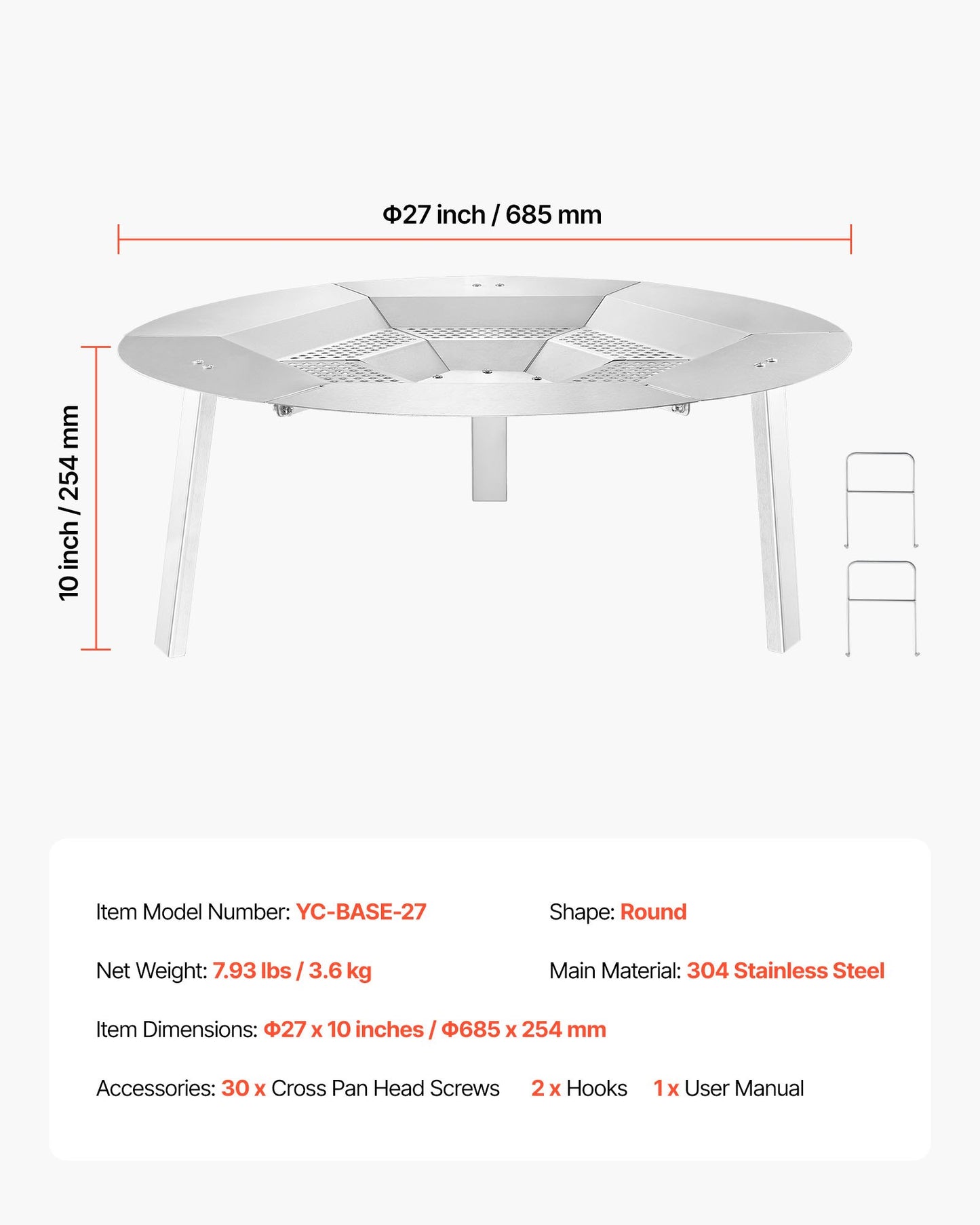 Eldstadsvärmeavledare för Solo Stove Yukon, 685,8 mm rund eldstad för vedeldad eldstad, värmespridare i 304 rostfritt stål, avtagbart brännarlock Campingtillbehör