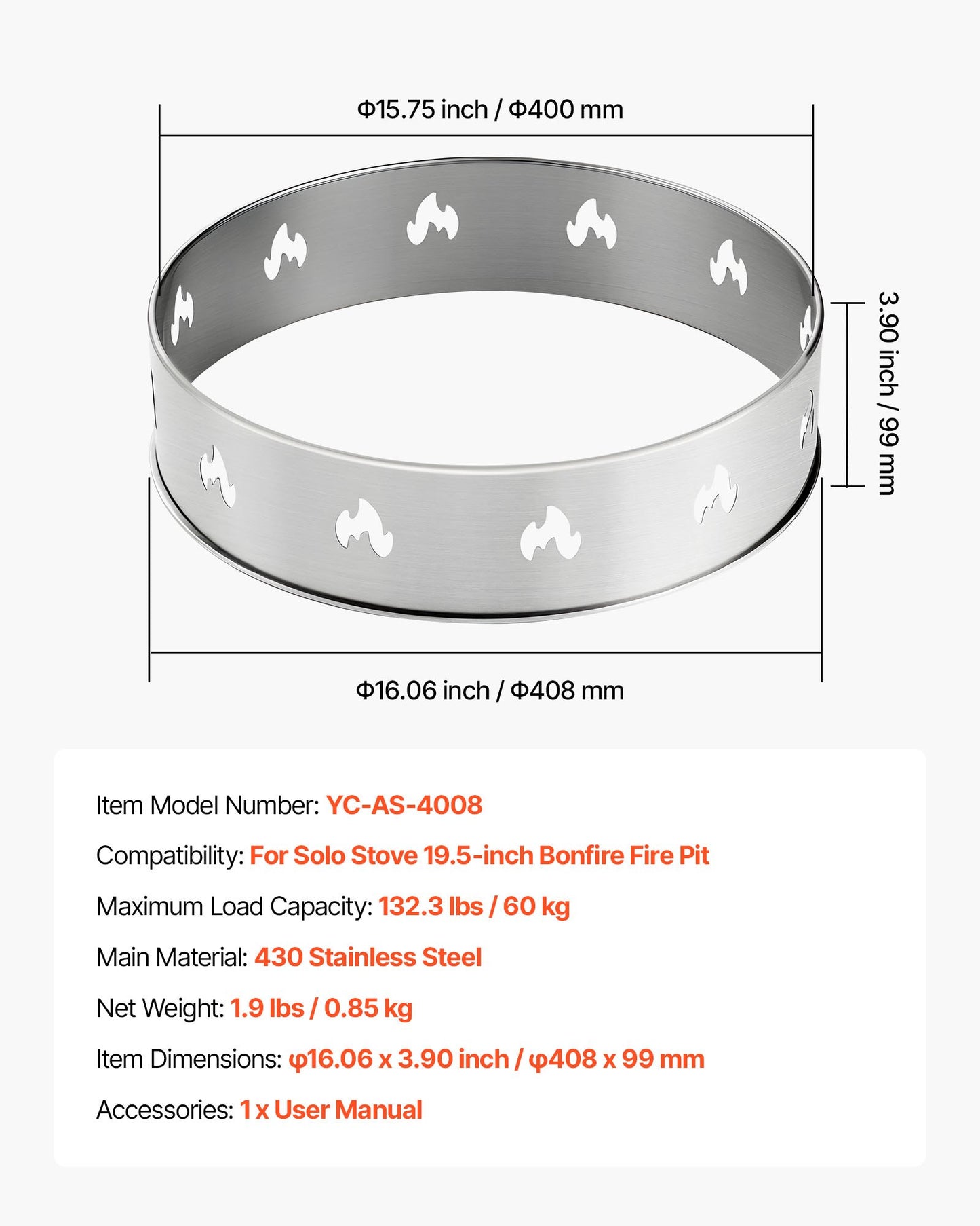 Eldstadsställ för solo-spis, 49,5 cm rökfri eldstadsring, rostfritt stål eldstad Ranger stödram tillbehör, bärbar utomhuscampinghållare verktyg för eldstad
