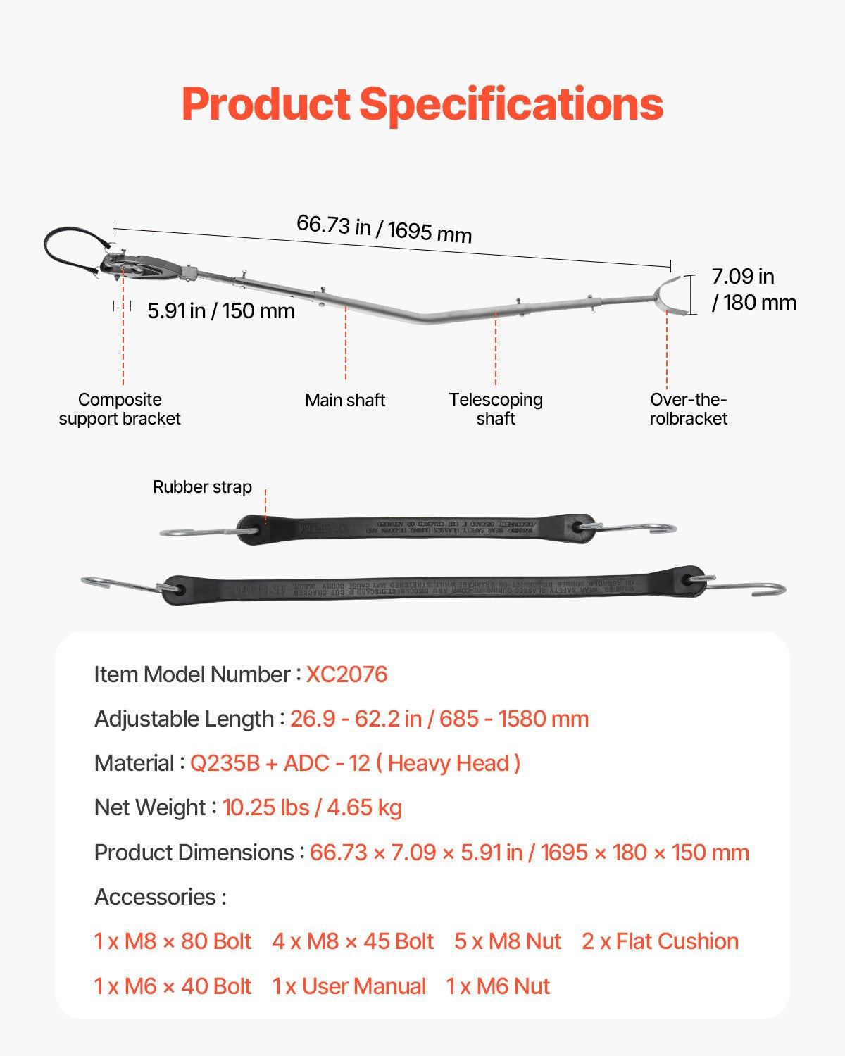 Transom Saver, 26.9-62.2 in, Adjustable Boat Transom Saver with Heavy-Duty Head, Corrosion-Resistant Easy-to-Install Transom Savers for Less Than 150 HP Outboard Motor , Fit for Roller & Trailer