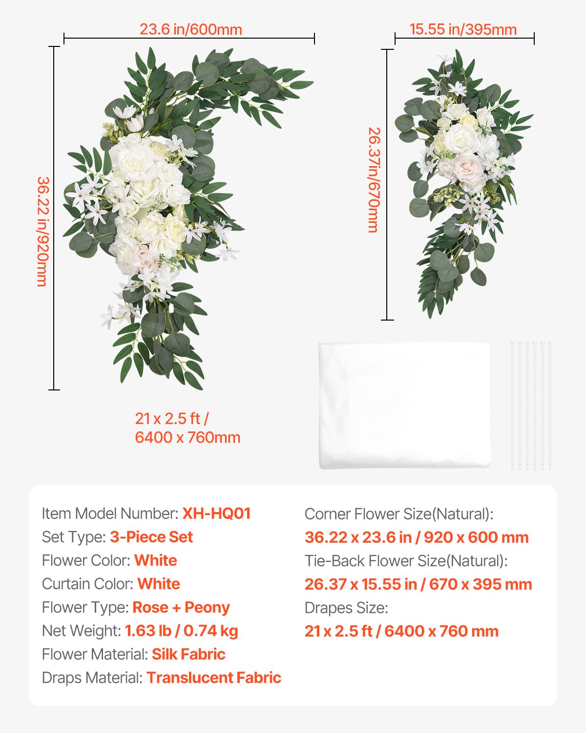 Artificial Wedding Arch Flowers Kit, White Wedding Arch Flowers with Drapes Kit (Pack of 3) - 2 Pcs Floral Arrangement, 1 Pcs Sheer Drapes, for Ceremony Bouquets Reception Backdrop Decoration