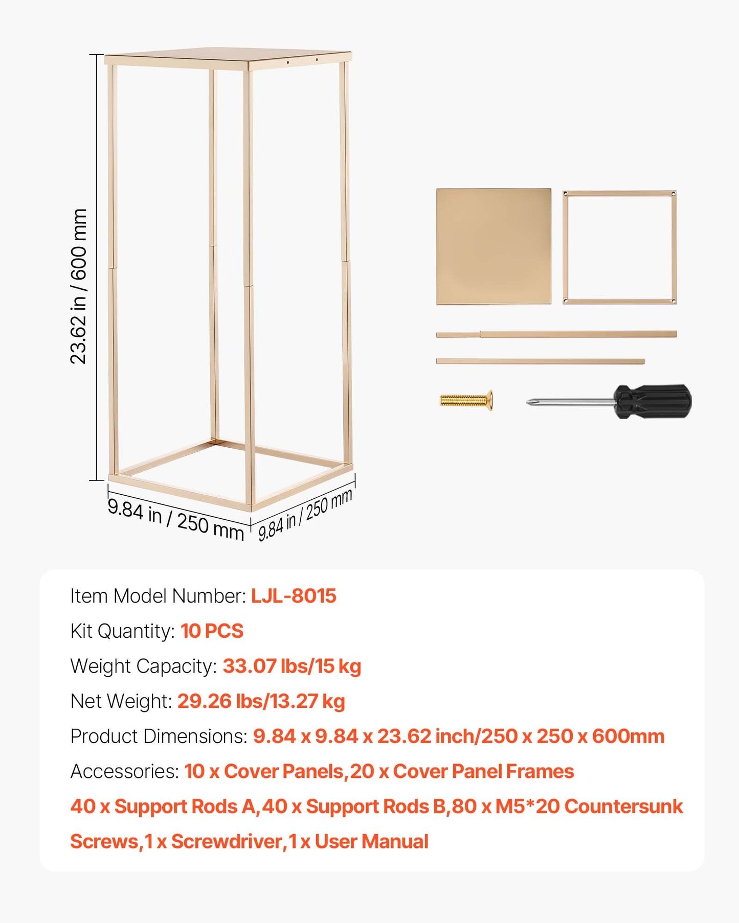 Wedding Flower Stand, 10PCS 60cm Column Flower Stand, Floral Stands with Metal Laminate, Gold Rectangular Floral Display Rack for Wedding, Party, Birthday, Home, Gold Centerpiece Stands