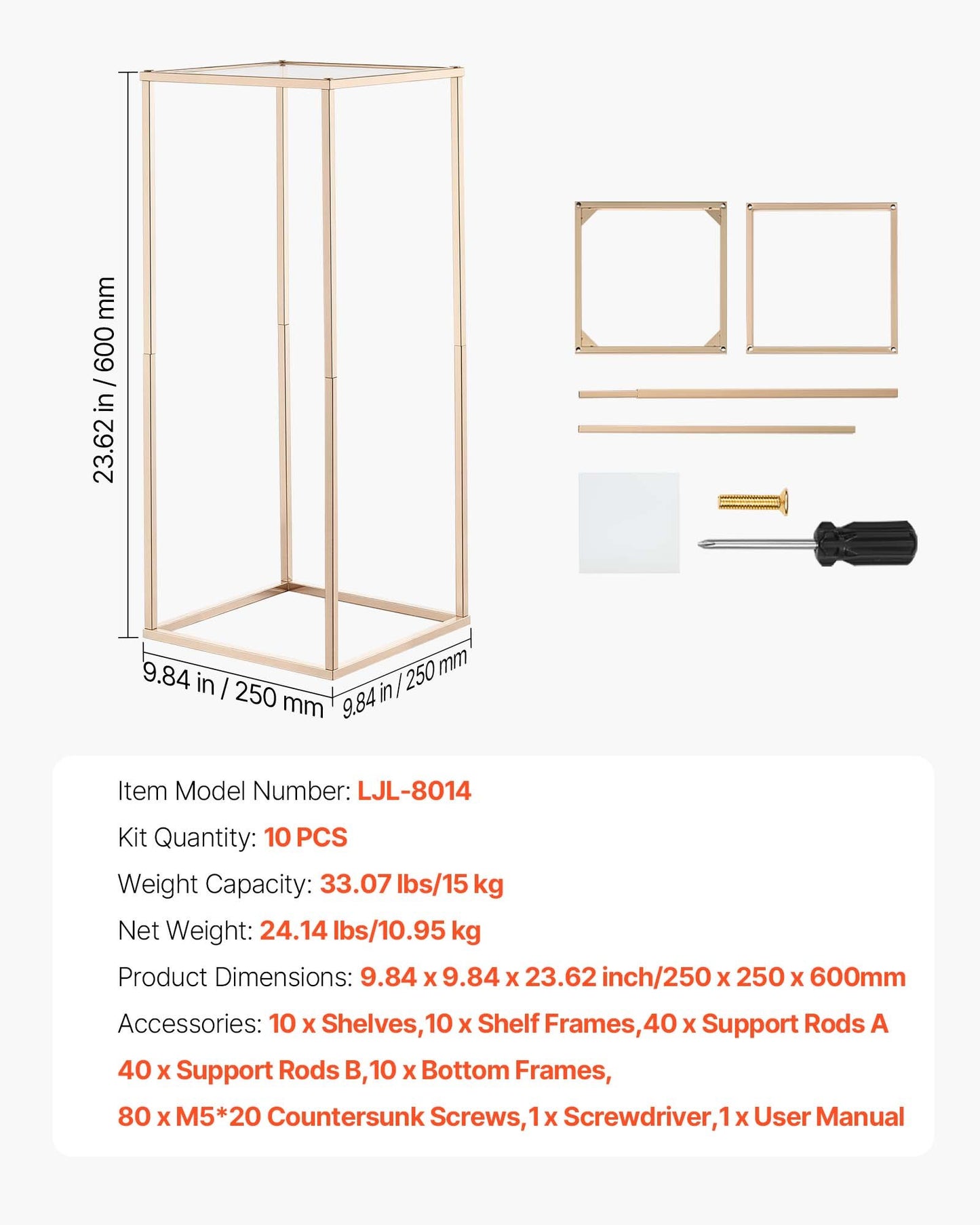 Wedding Flower Stand, 10PCS 60cm Column Flower Stand, Floral Stands with Acrylic Laminate, Gold Rectangular Floral Display Rack for Wedding, Party, Birthday, Home, Gold Centerpiece Stands