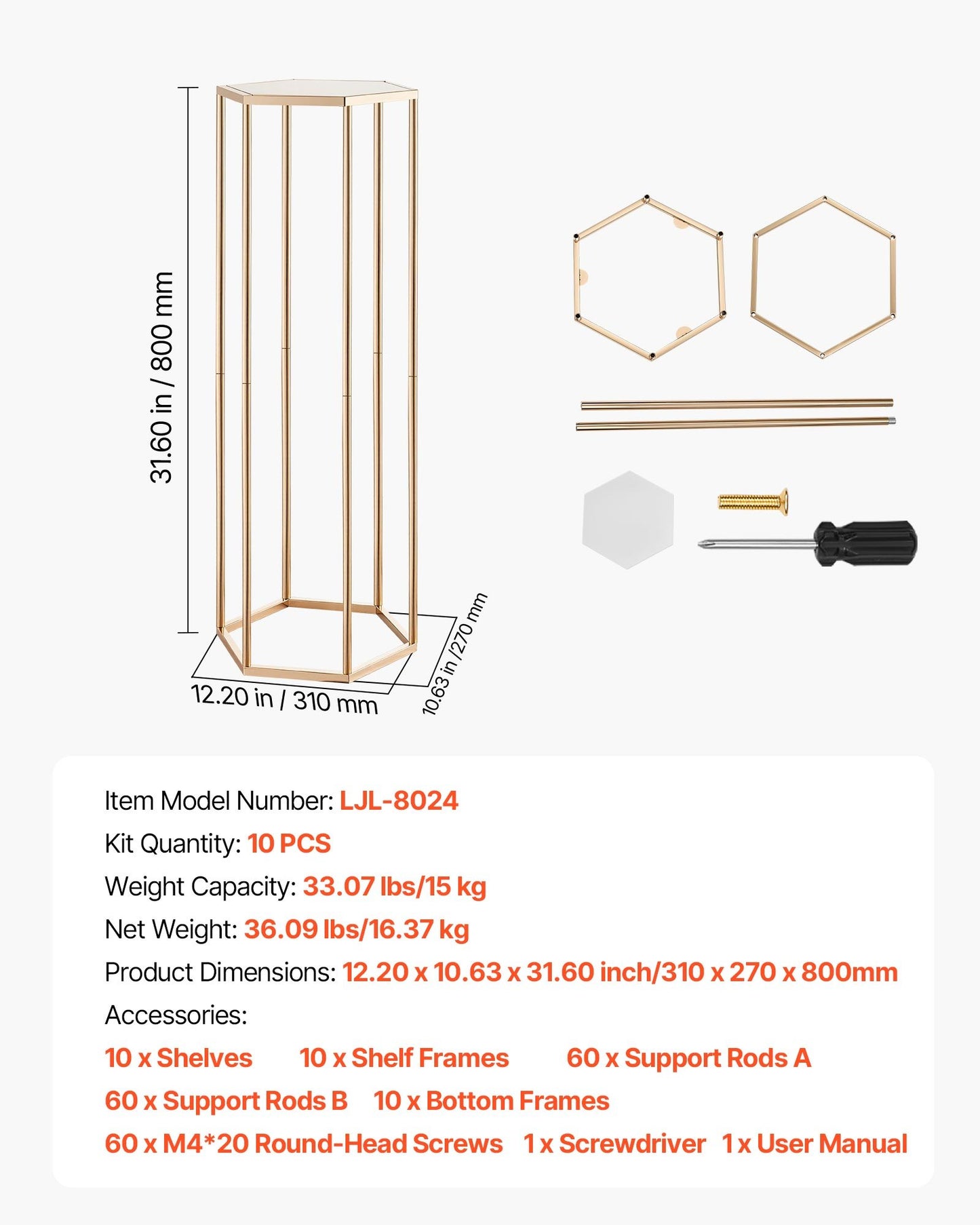 Wedding Flower Stand, 10PCS 80cm Column Flower Stand, Floral Stands with Acrylic Laminate, Hexagonal Cubic Floral Display Rack for Wedding, Party, Birthday, Home, Gold Centerpiece Stands