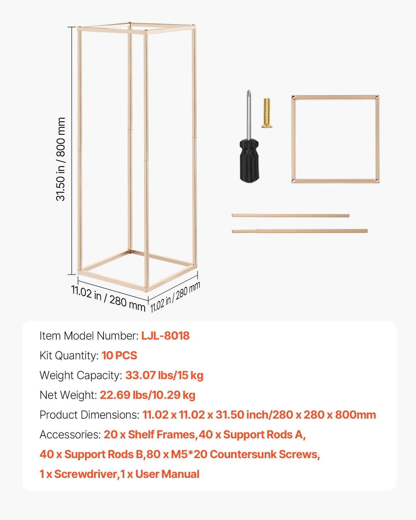 Wedding Flower Stand, 10PCS 80cm Column Flower Stand, Floral Stands with Hidden Screw, Rectangular Cubic Floral Display Rack for Wedding, Party, Birthday, Home, Gold Centerpiece Stands